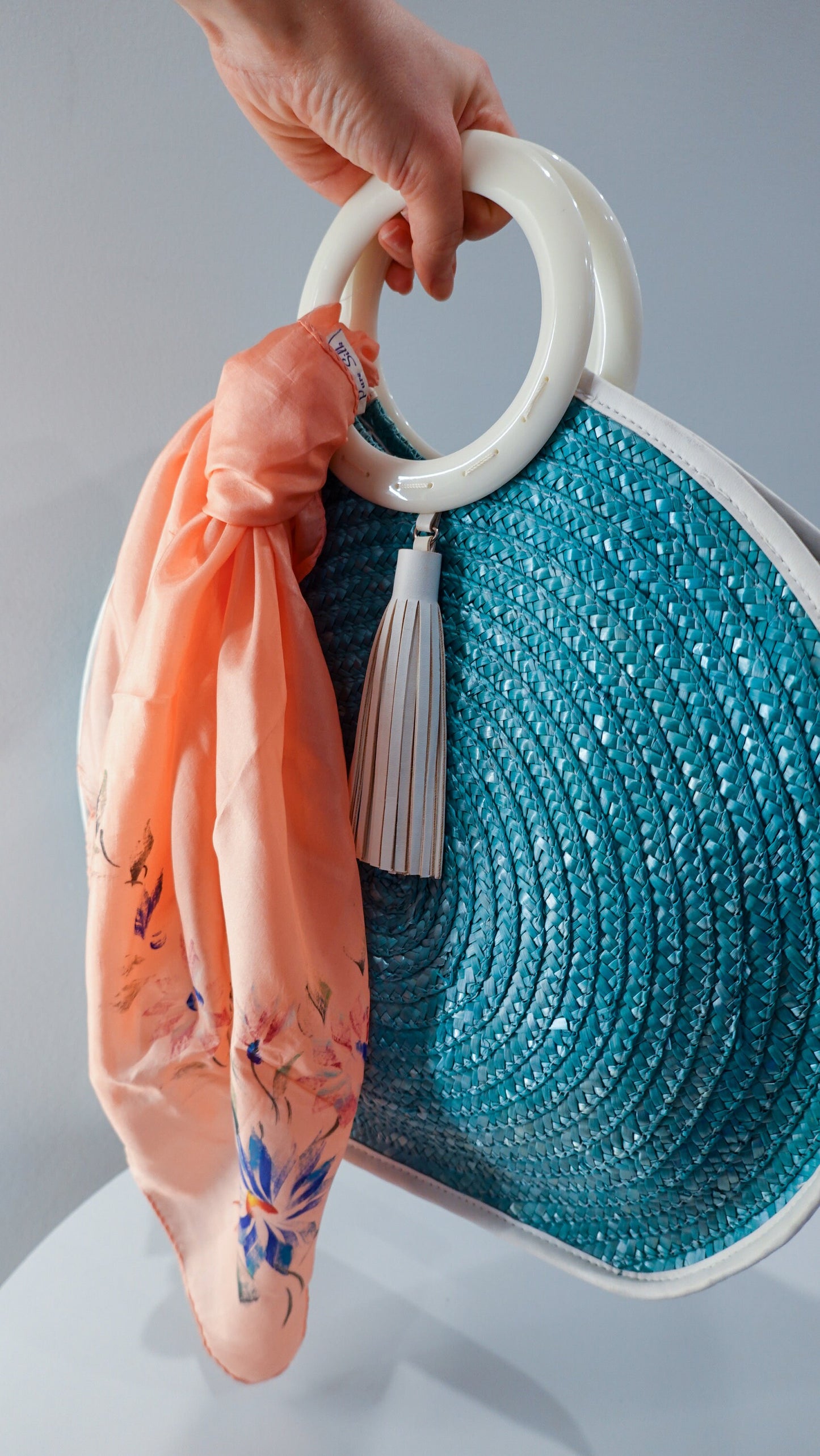 Circle Bag - Vintage Woven Raffia Summer Tote - 1960s Beach Bag - White Leather, Turquoise Raffia, White Acrylic Handle & Tassel