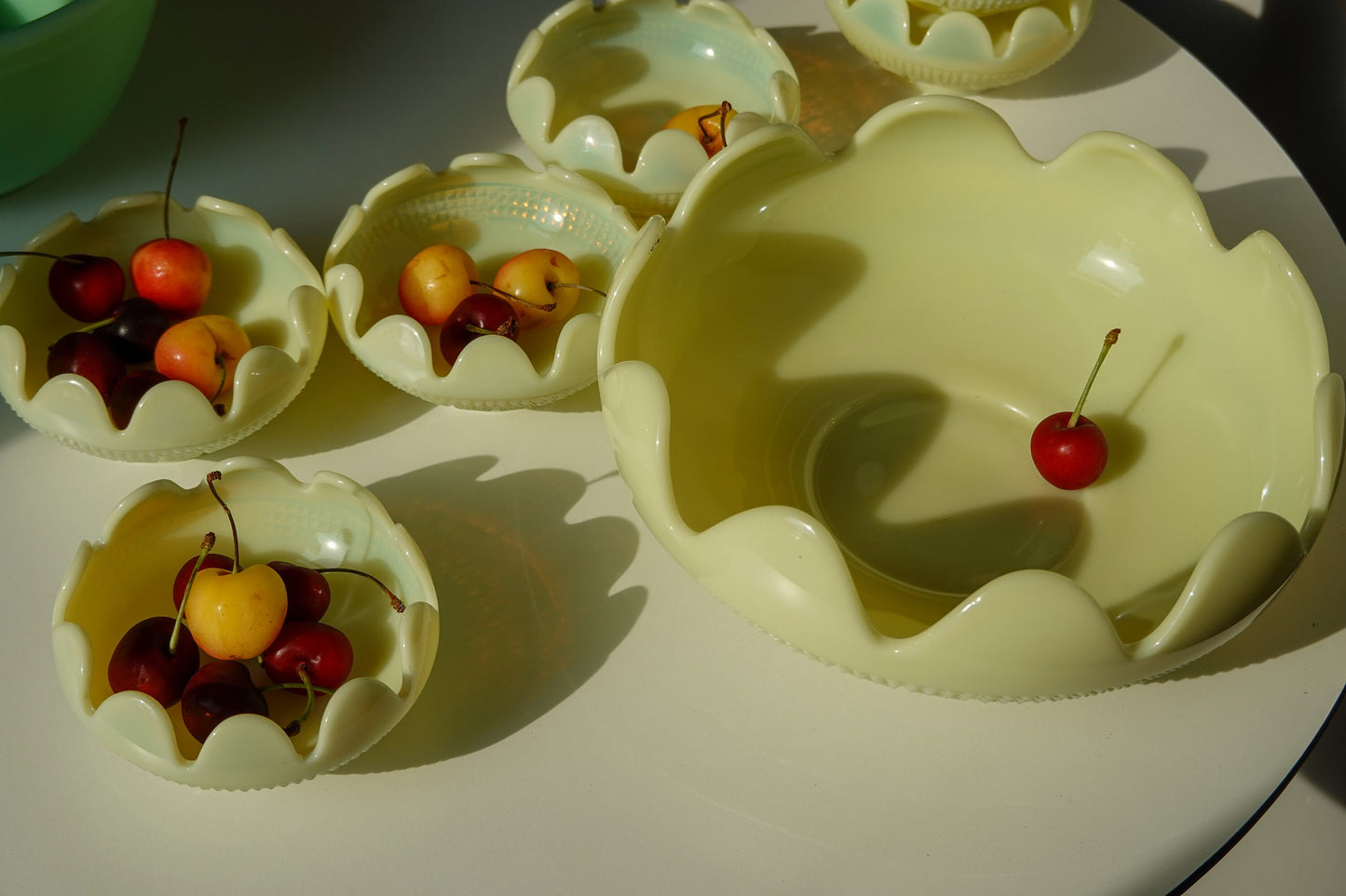 RARE Early 1910's - 1920's Cambridge Weatherford Custard Glass Berry Bowl Set - Opaline Glass, Uranium Glass - Glows under UV Light