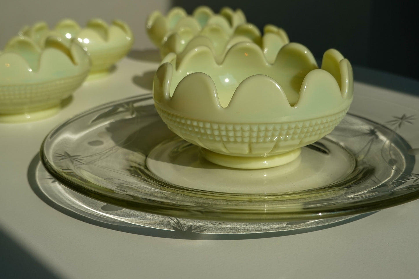 RARE Early 1910's - 1920's Cambridge Weatherford Custard Glass Berry Bowl Set - Opaline Glass, Uranium Glass - Glows under UV Light