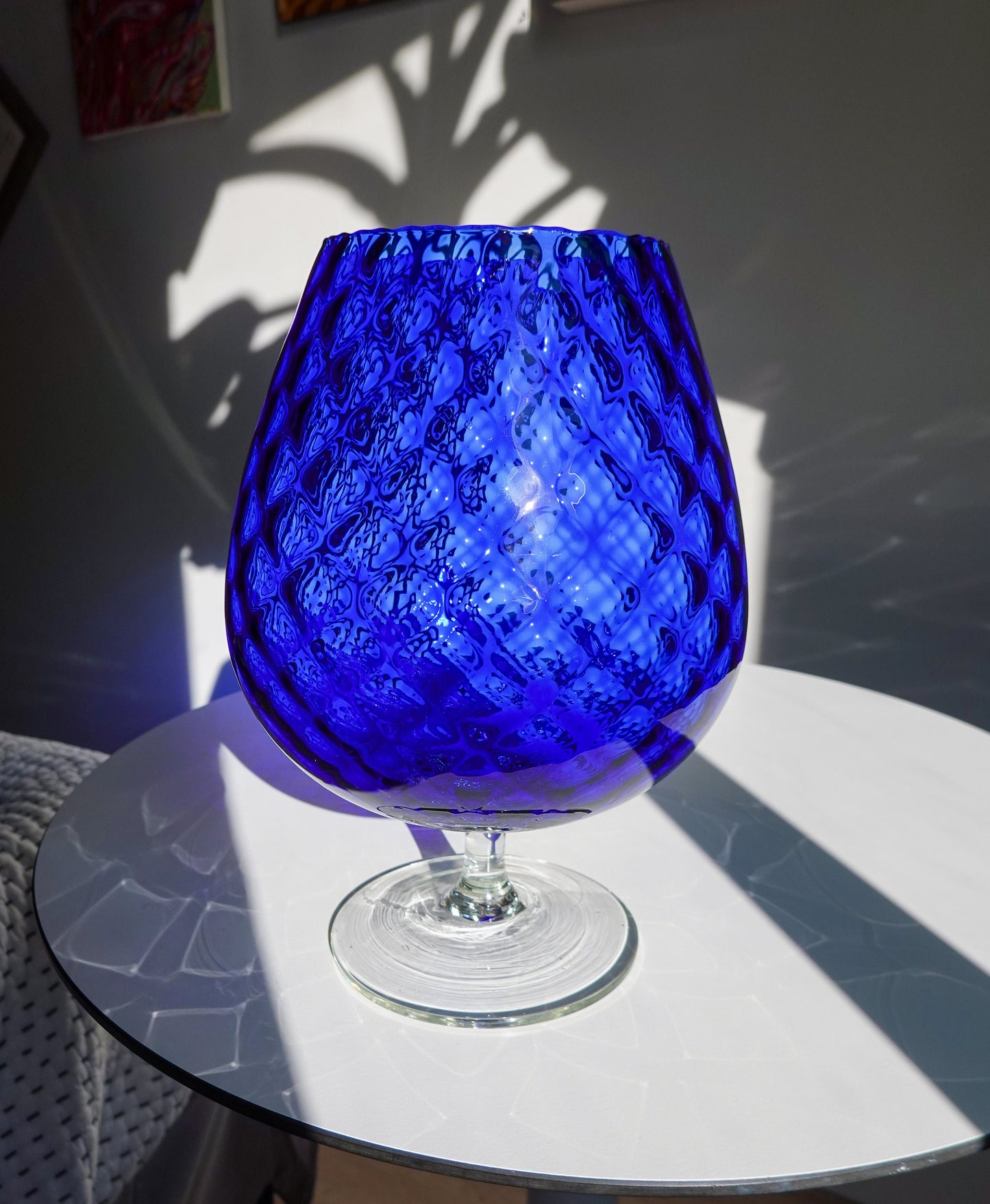 60's Vintage Italian Empoli Vase - Large Optical Glass - Footed Glass with Relief Pattern - Cobalt Blue Vase