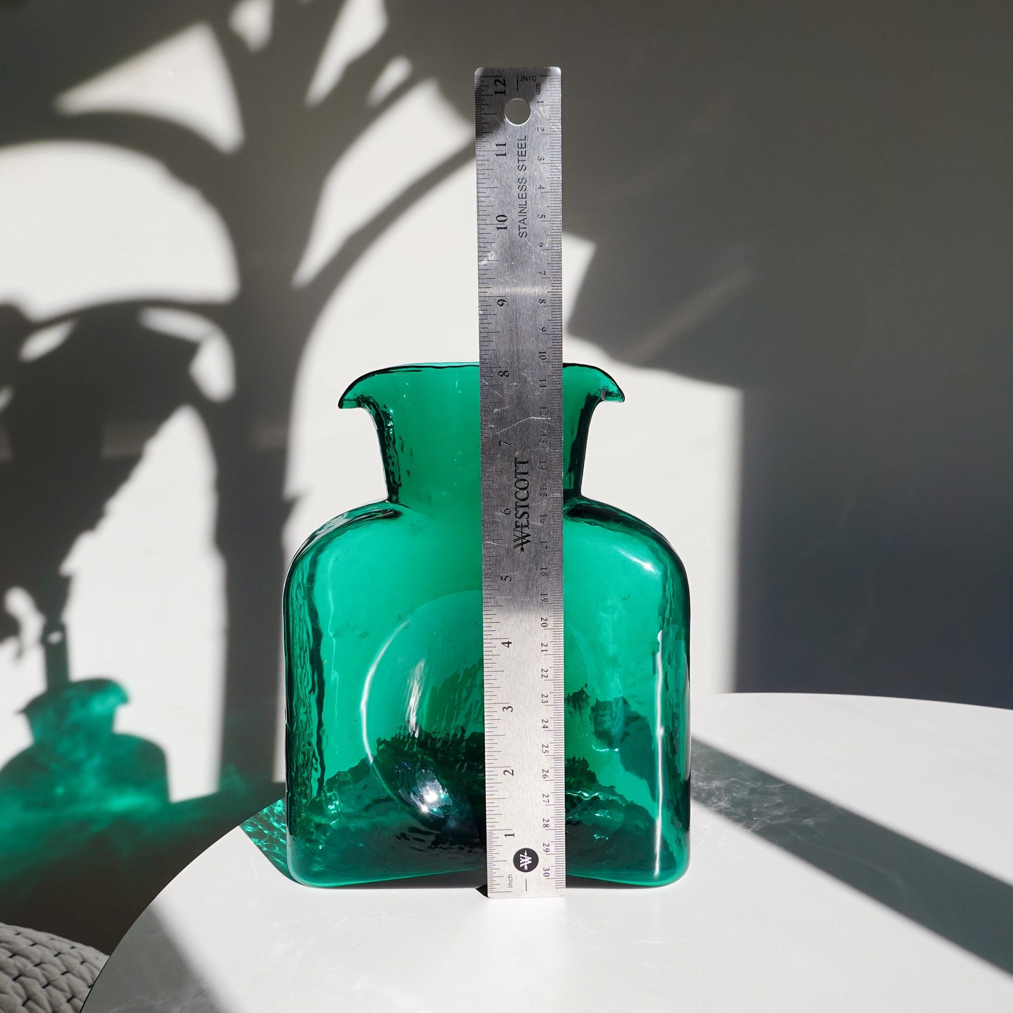 Blenko Water Pitcher 384 - Vintage Green Glass - Textured Seeded Glass Carafe - Double Spout - Decanter Vase