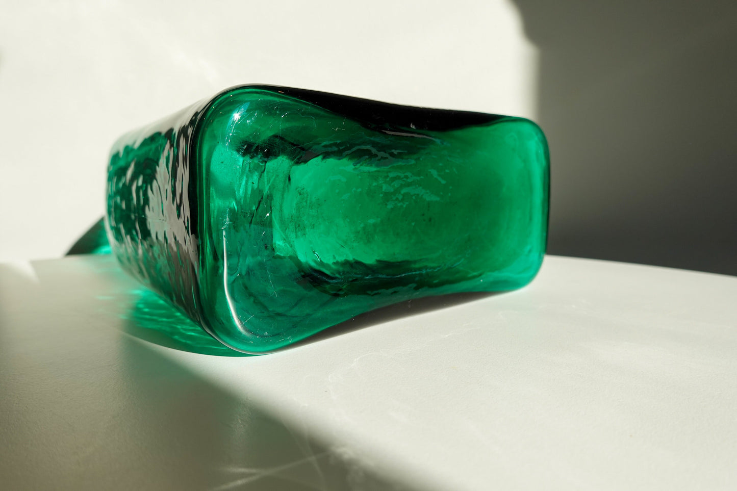 Blenko Water Pitcher 384 - Vintage Green Glass - Textured Seeded Glass Carafe - Double Spout - Decanter Vase