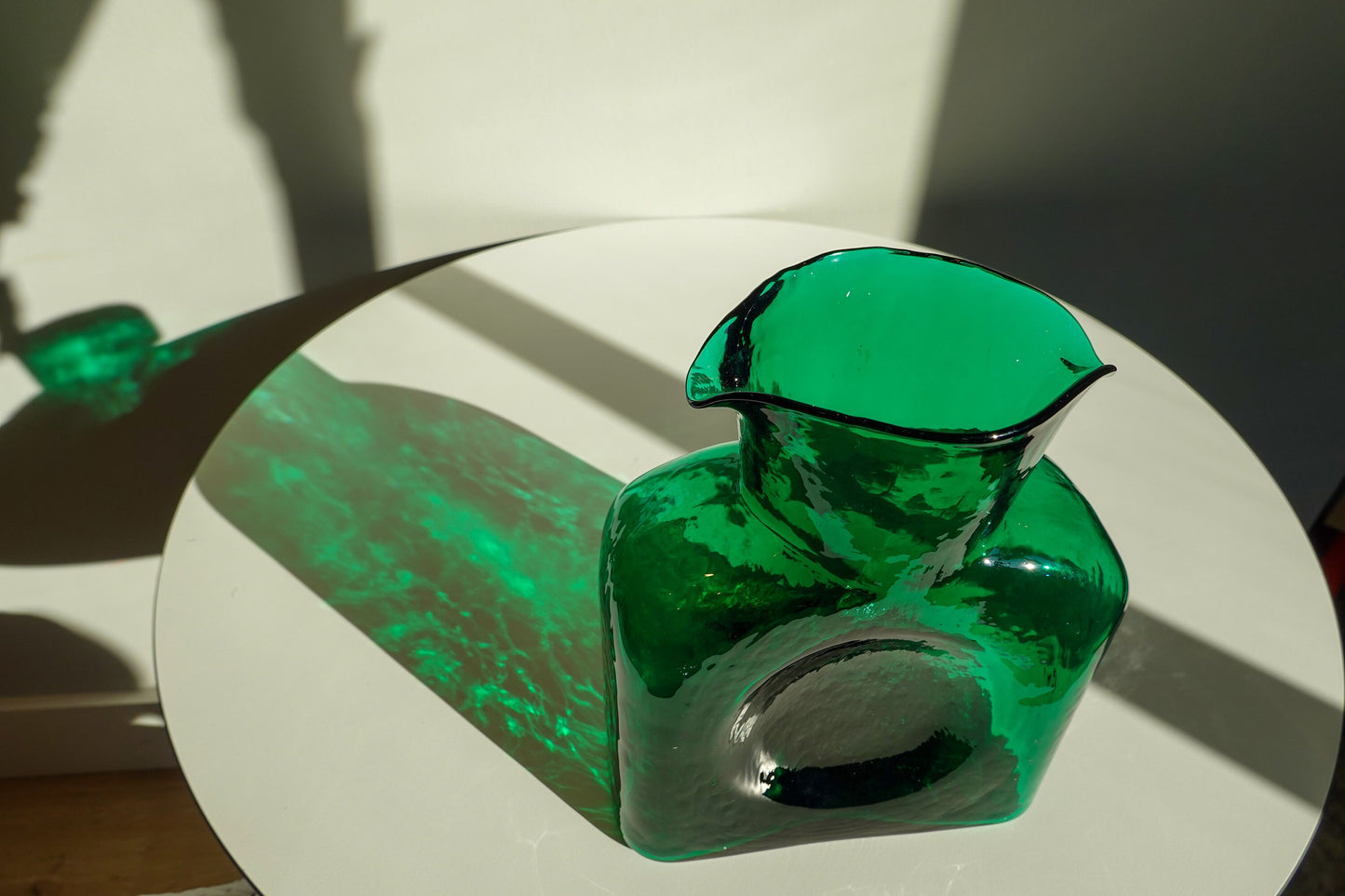 Blenko Water Pitcher 384 - Vintage Green Glass - Textured Seeded Glass Carafe - Double Spout - Decanter Vase