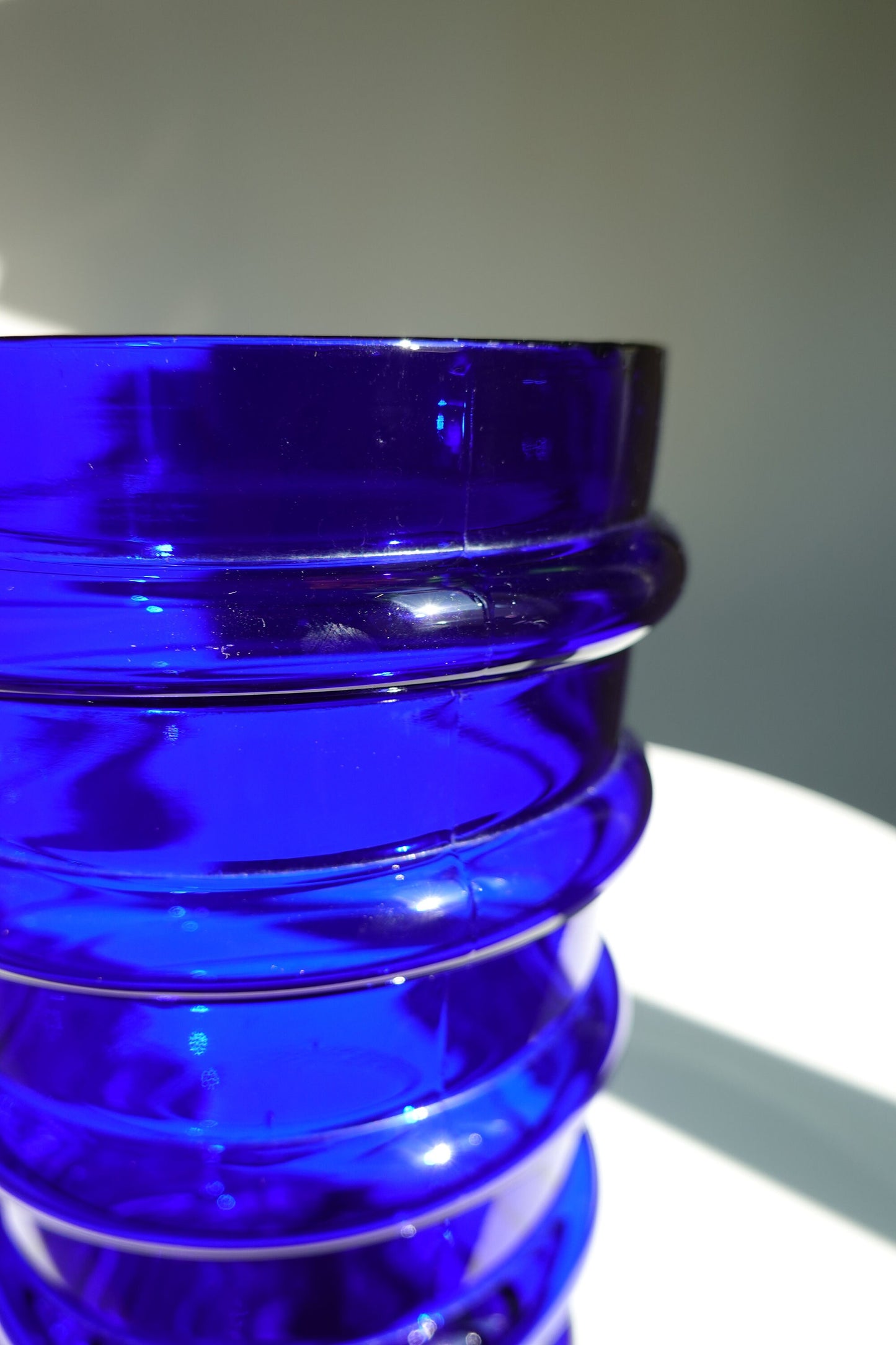 Vintage Banded Art Glass Vase - Art Deco Style Vase - Cobalt Blue - Pressed Glass with 5 Banded Rings - Pressed Glass