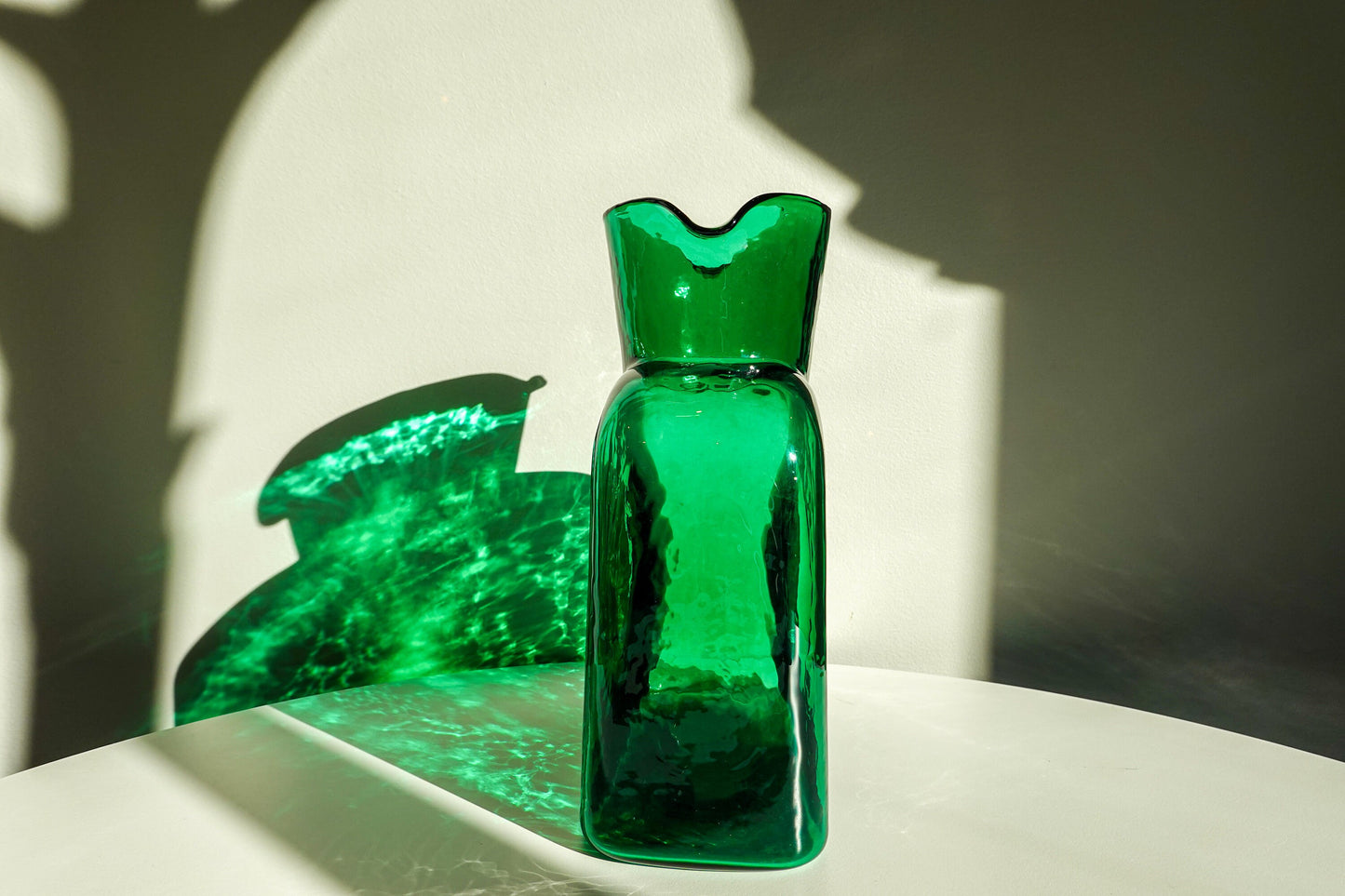 Blenko Water Pitcher 384 - Vintage Green Glass - Textured Seeded Glass Carafe - Double Spout - Decanter Vase