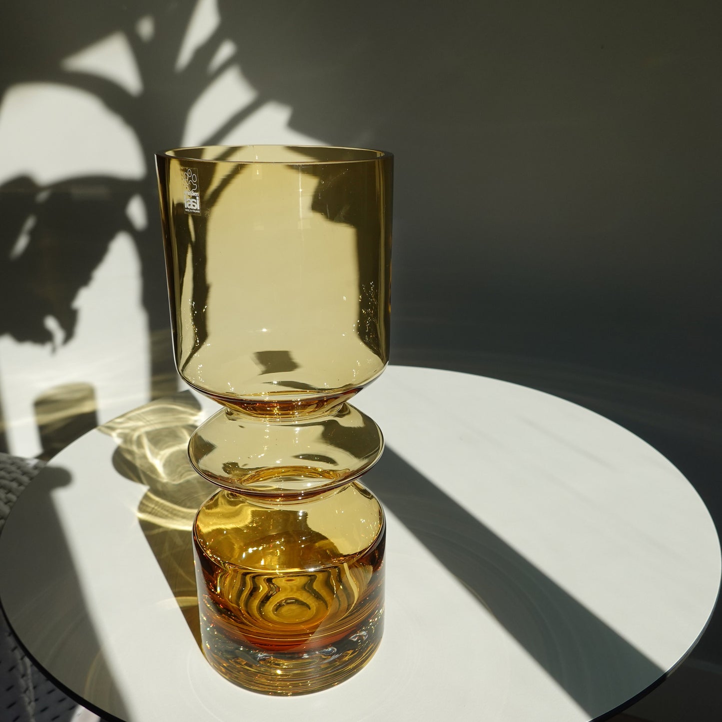 70's Riihimaen Lasi Oy Finland Vase - Hooped Glass Vase - Tall Amber Glass Vase