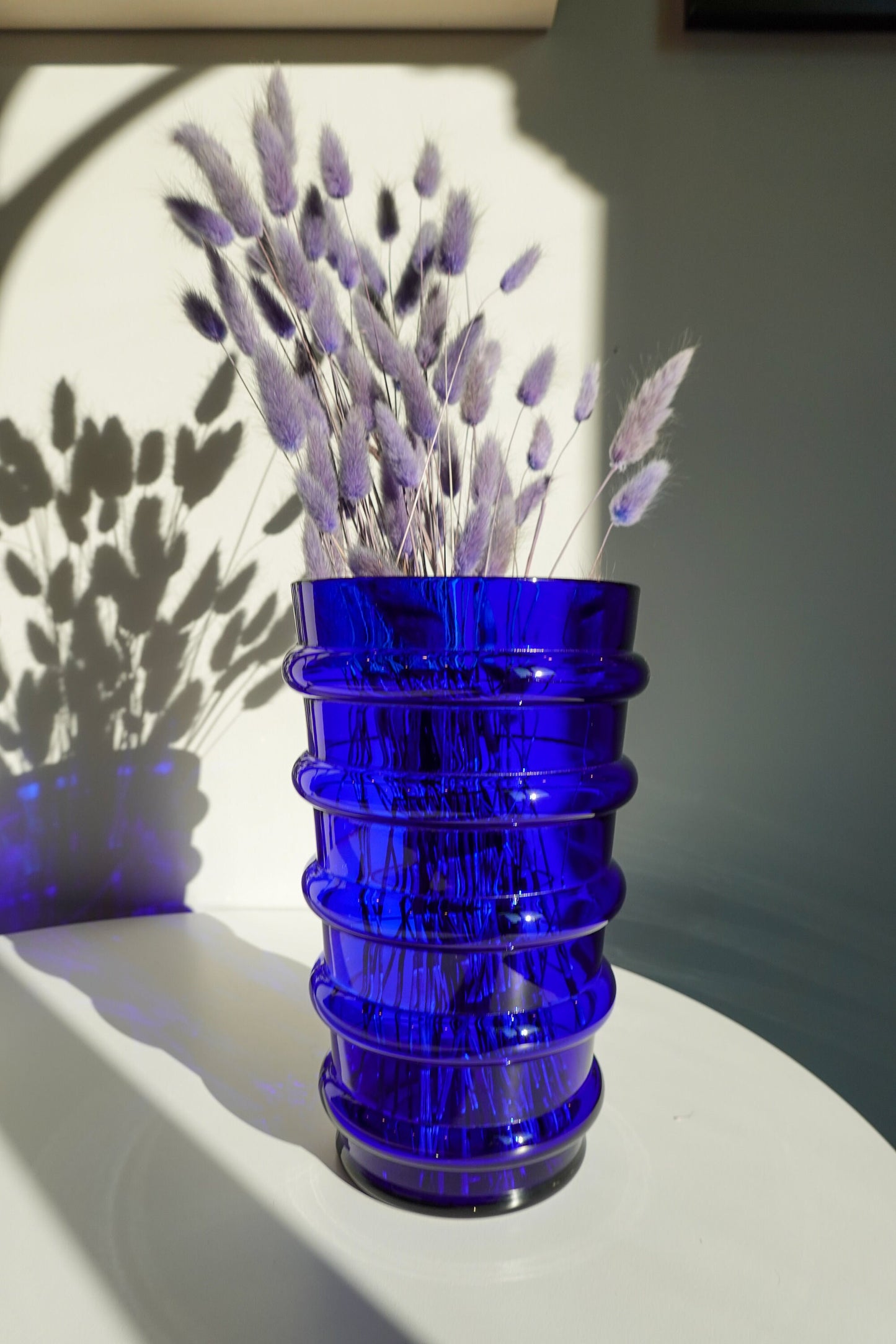 Vintage Banded Art Glass Vase - Art Deco Style Vase - Cobalt Blue - Pressed Glass with 5 Banded Rings - Pressed Glass