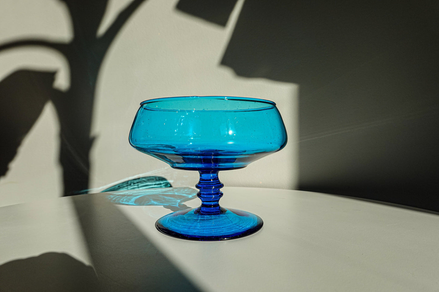 60's Peacock Blue Footed Candy Bowl - Vintage Pedestal Vessel with Controlled Bubbles - Turquoise Glass Bowl Compote