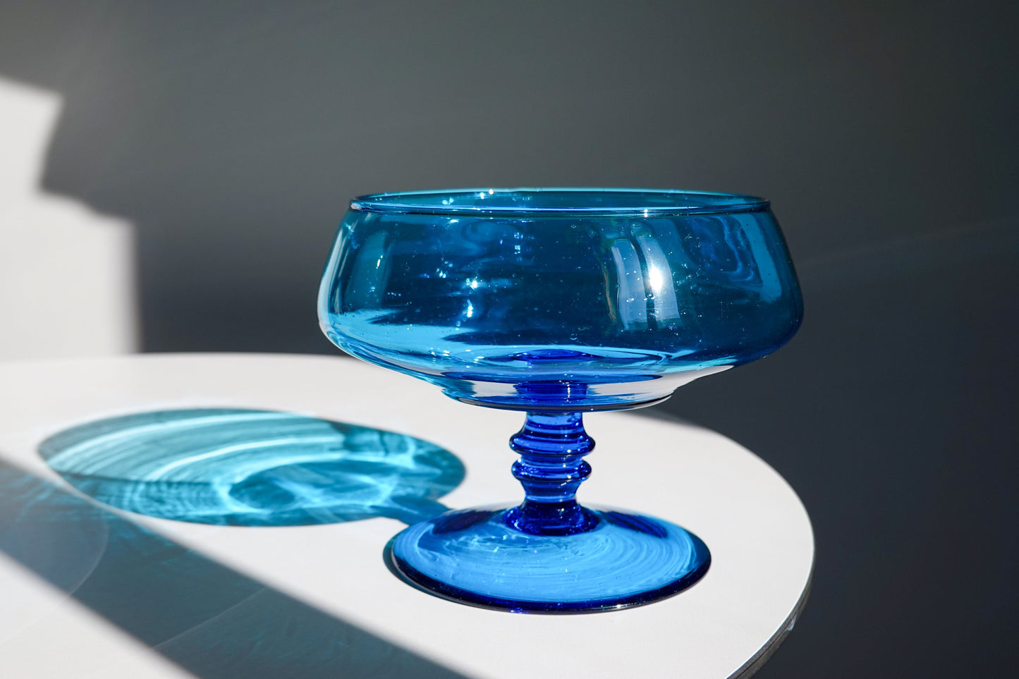 60's Peacock Blue Footed Candy Bowl - Vintage Pedestal Vessel with Controlled Bubbles - Turquoise Glass Bowl Compote