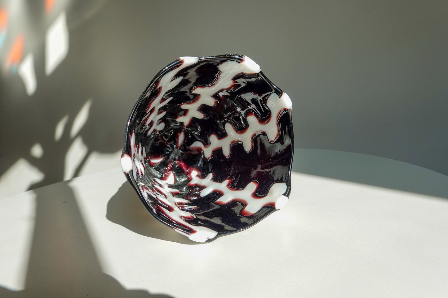 Vintage Handmade Squiggle Art Glass Vase - Matte Black and White Vase - Handmade Artisan Vase - High Contrast Pattern Vase