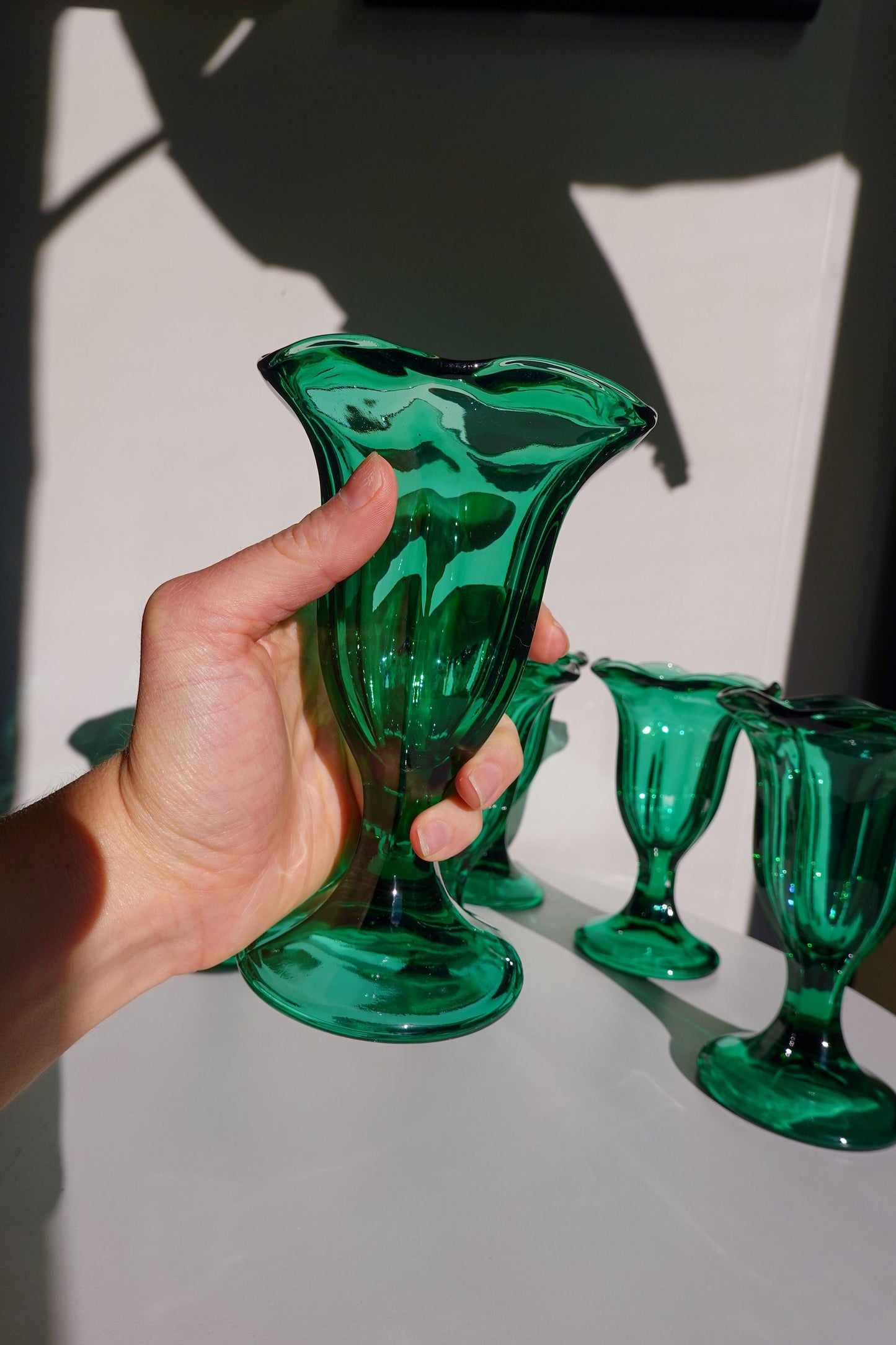 70's Emerald Green Glasses - Tulip Shape - Footed Cup - Sundae or Malt Glasses - Set of 4 Vintage Green Glasses