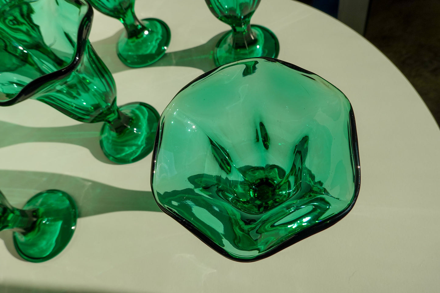 70's Emerald Green Glasses - Tulip Shape - Footed Cup - Sundae or Malt Glasses - Set of 4 Vintage Green Glasses