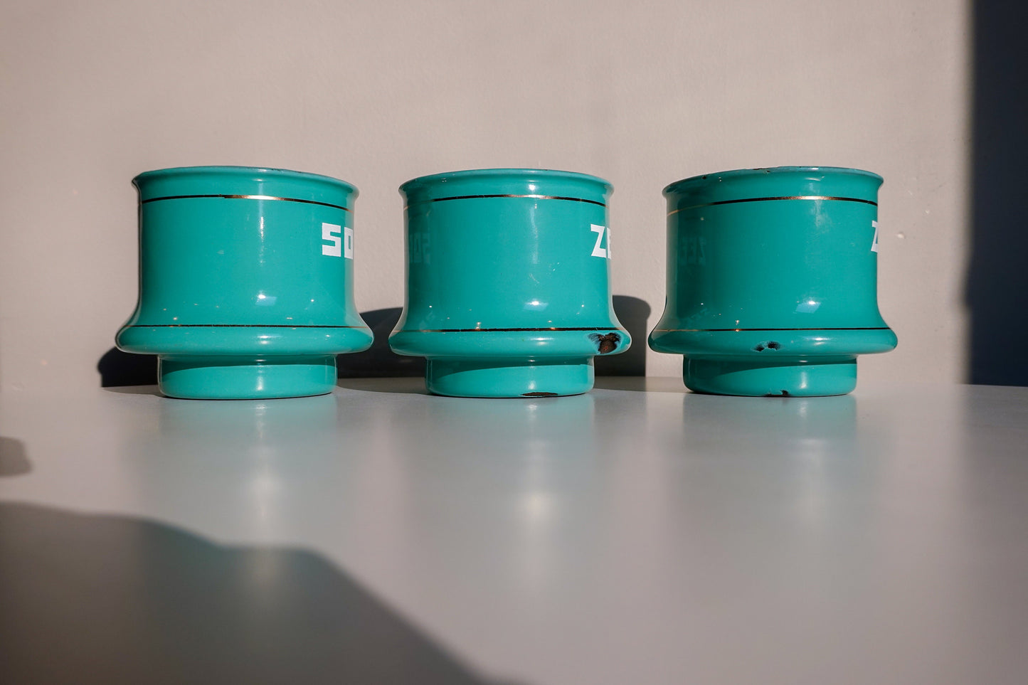 70's Dutch Enamel Cups - Zand, Zeep and Soda - Teal Vintage Enamelware Cups - Vintage Graphic Storage Cups
