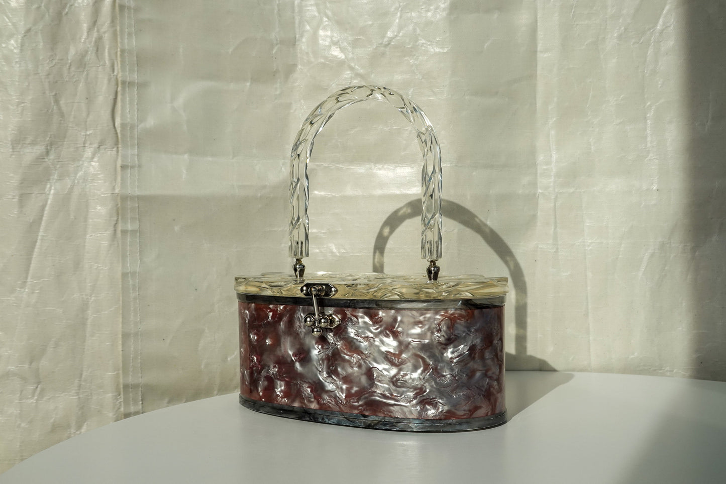 50's Pearlized Lucite Purse - Oval Box Bag with Carved Details - Vintage Taffeta Acrylic Bag by Charles Kahn