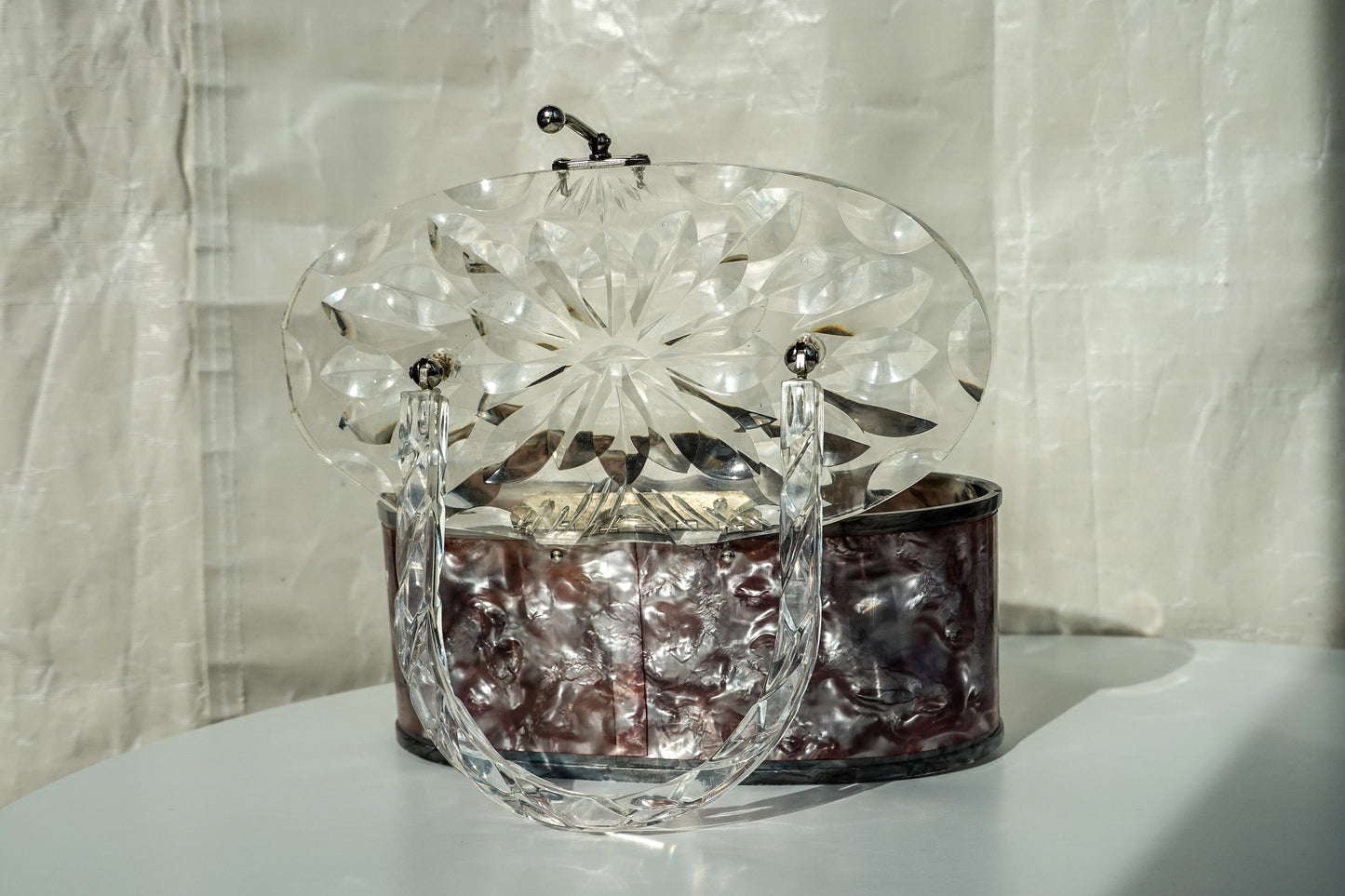 50's Pearlized Lucite Purse - Oval Box Bag with Carved Details - Vintage Taffeta Acrylic Bag by Charles Kahn