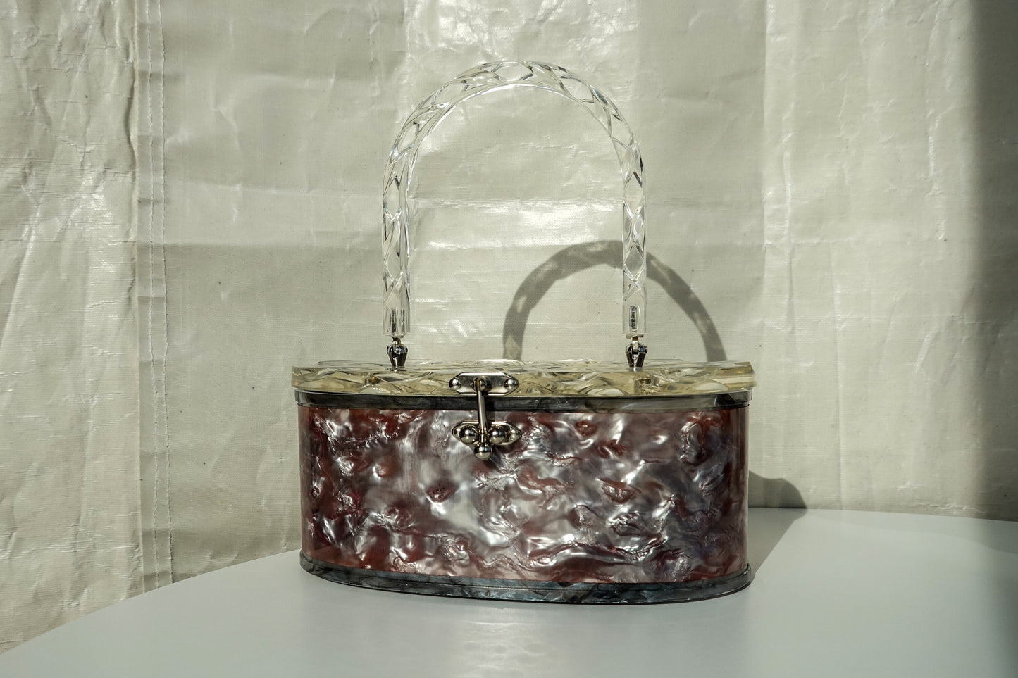 50's Pearlized Lucite Purse - Oval Box Bag with Carved Details - Vintage Taffeta Acrylic Bag by Charles Kahn