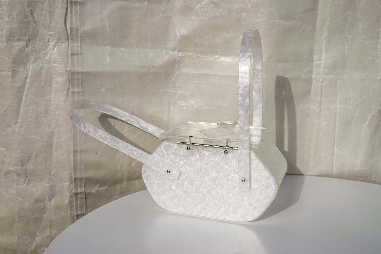 50's Pearly White Lucite Purse - Unique Shape Box Bag - Vintage Acrylic Evening Bag with Carved Top by Siran
