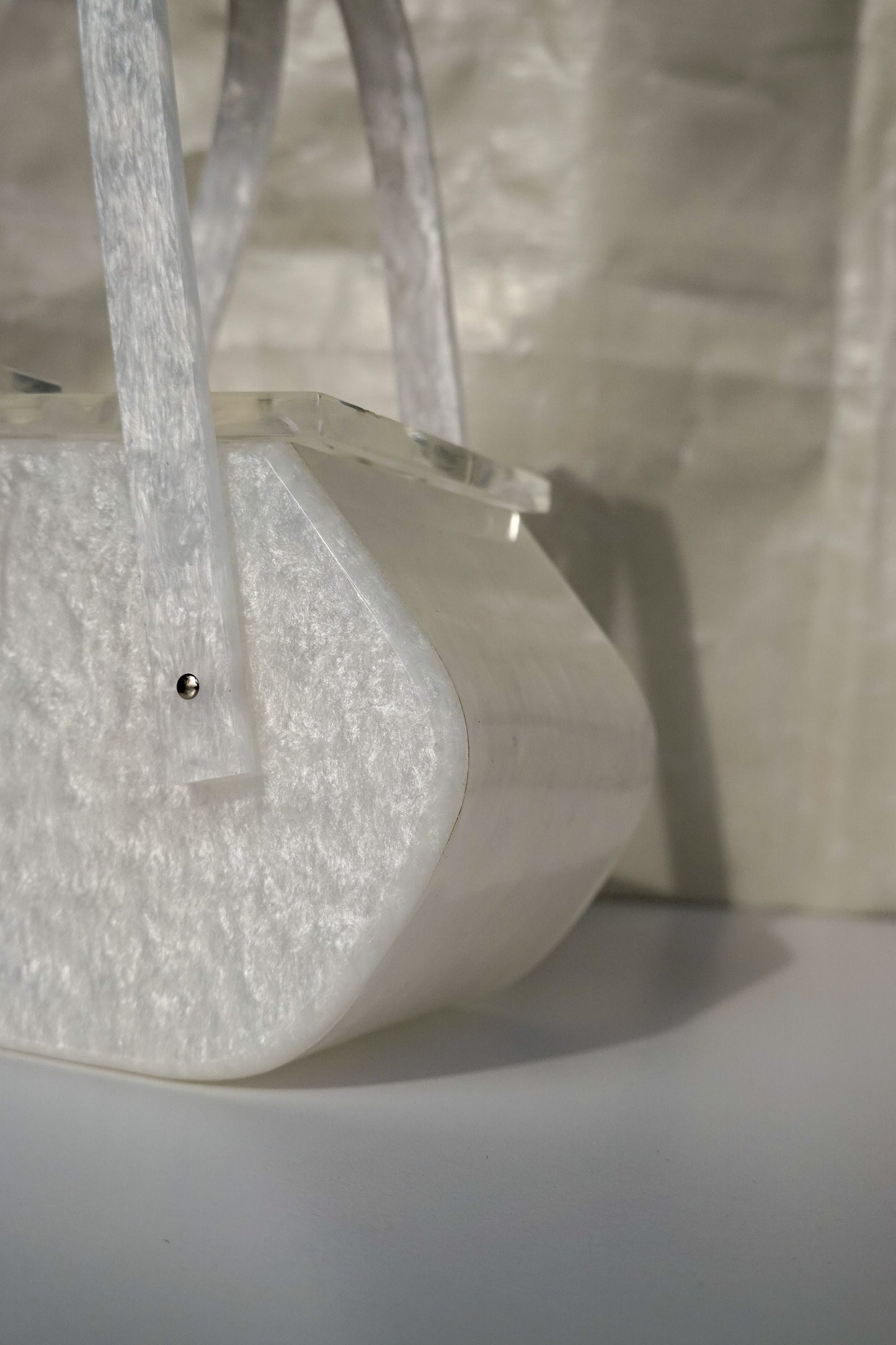 50's Pearly White Lucite Purse - Unique Shape Box Bag - Vintage Acrylic Evening Bag with Carved Top by Siran