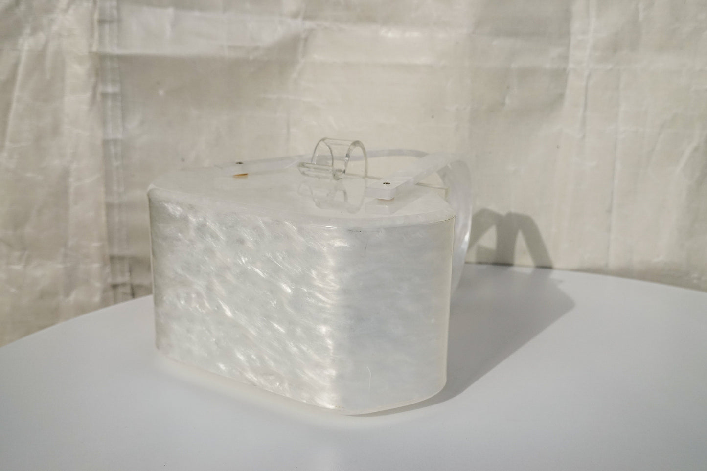 50's Pearly White Lucite Purse - Unique Shape Box Bag - Vintage Acrylic Evening Bag with Carved Top by Siran
