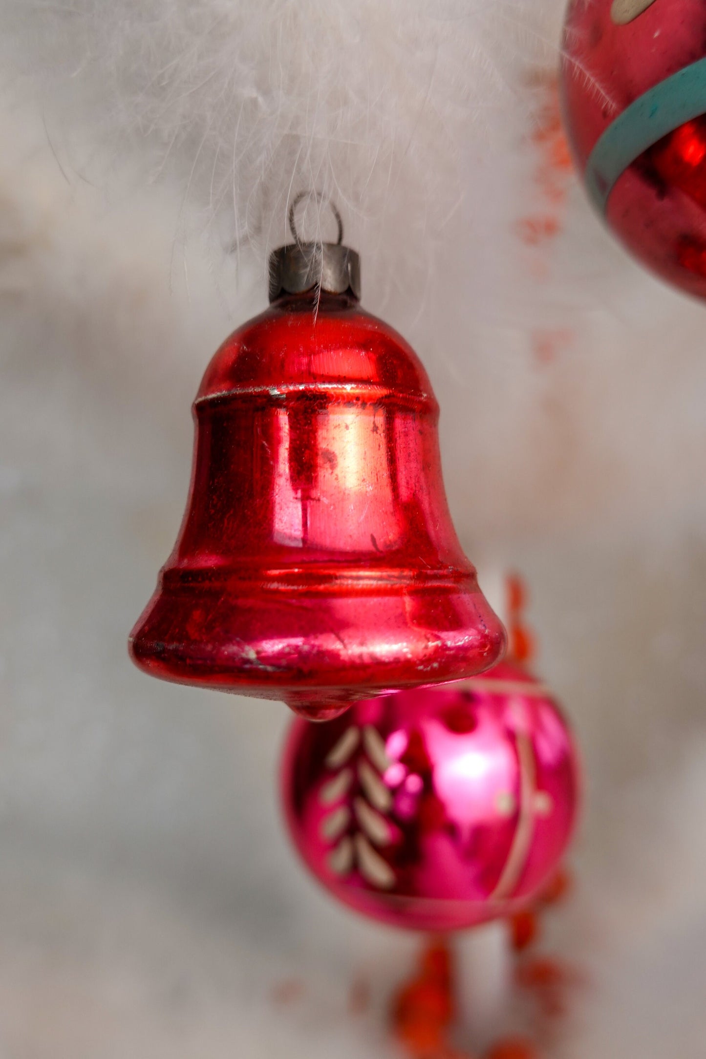 40's Christmas Ornaments - Set of 12 Assorted Pink Vintage Shiny Brite Xmas Ornaments - Hand Painted Glass, Triple Indent, Bell, Stripe