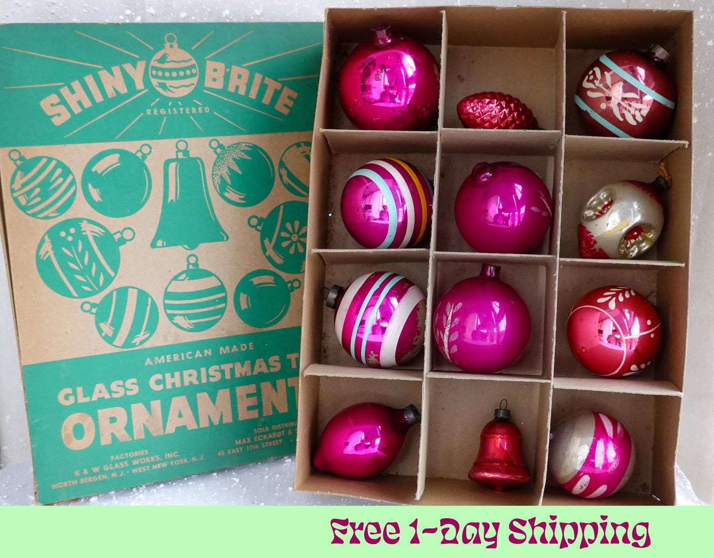 40's Christmas Ornaments - Set of 12 Assorted Pink Vintage Shiny Brite Xmas Ornaments - Hand Painted Glass, Triple Indent, Bell, Stripe