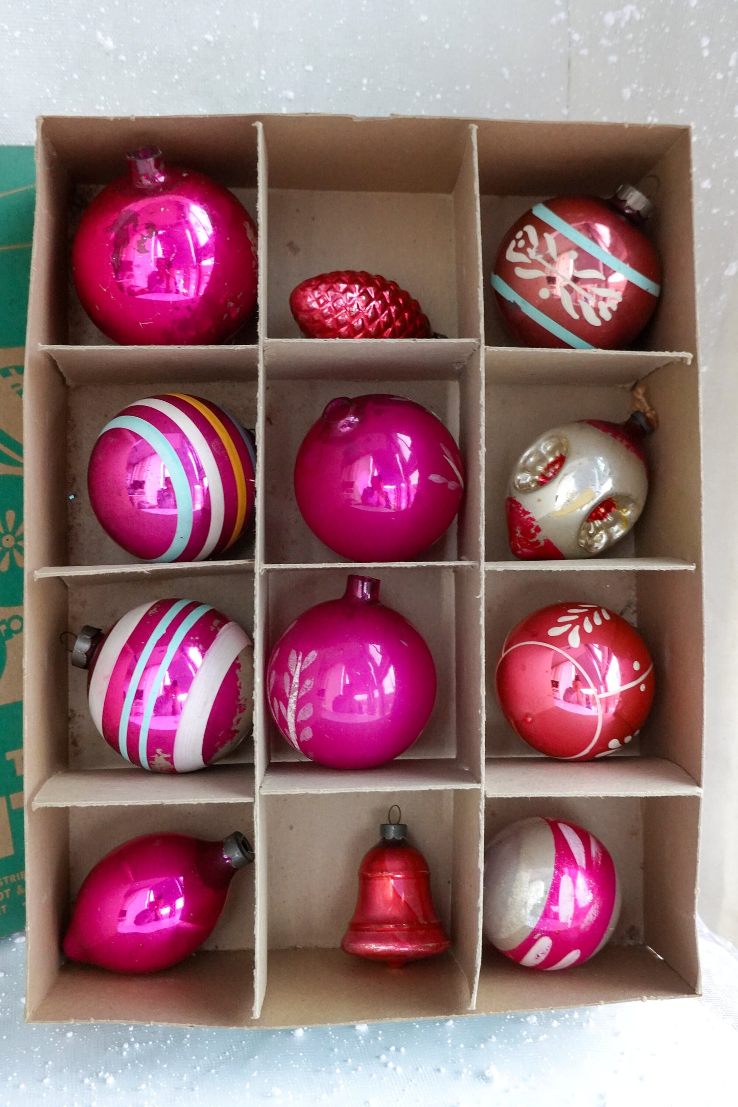 40's Christmas Ornaments - Set of 12 Assorted Pink Vintage Shiny Brite Xmas Ornaments - Hand Painted Glass, Triple Indent, Bell, Stripe