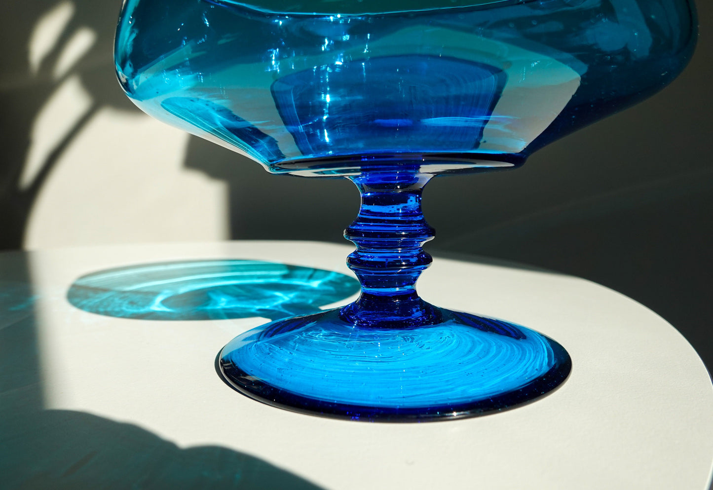 60's Peacock Blue Footed Candy Bowl - Vintage Pedestal Vessel with Controlled Bubbles - Turquoise Glass Bowl Compote