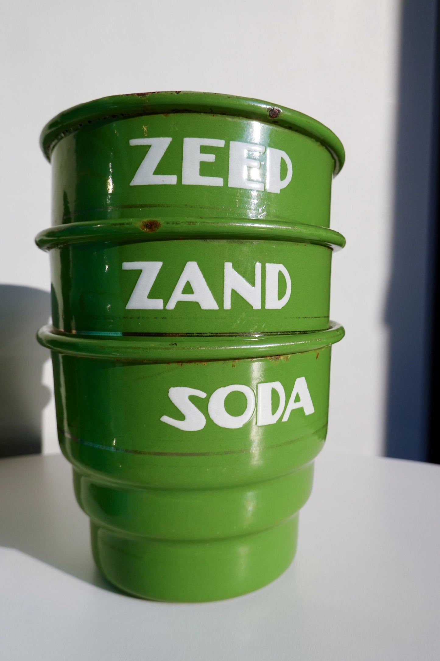 70's Dutch Enamel Wall-Mounted Storage - Zand, Zeep and Soda - Beautiful Green - Vintage Washing Station - MCM Wall Mounted Storage