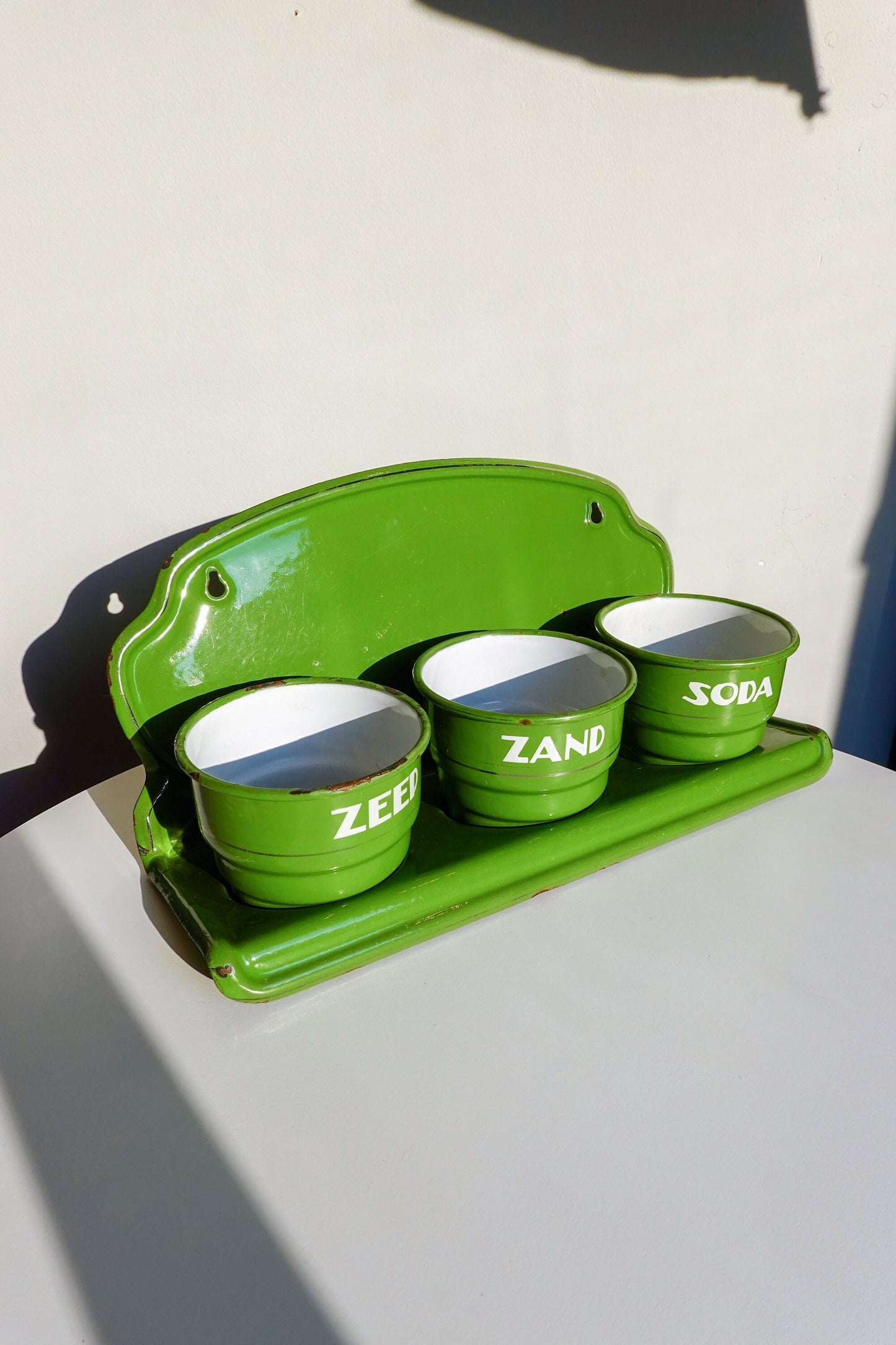 70's Dutch Enamel Wall-Mounted Storage - Zand, Zeep and Soda - Beautiful Green - Vintage Washing Station - MCM Wall Mounted Storage