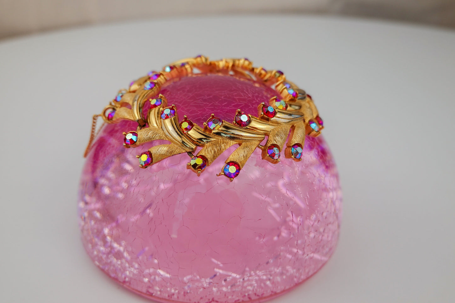 Vintage Puccini Raspberry Aurora Borealis Rhinestone Bracelet - Gold Tone Articulated Fancy Link, Leaf Motif - Mid-Century Bracelet