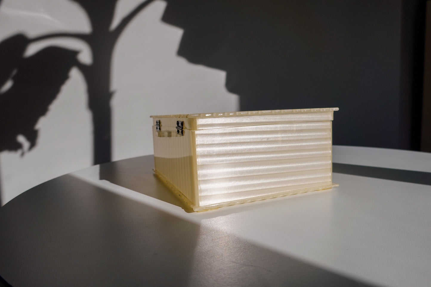 30's Art Deco Pearlized Lucite Vanity Box - Vintage Cream Acrylic Jewelry Box with Scalloped Edges and Lid