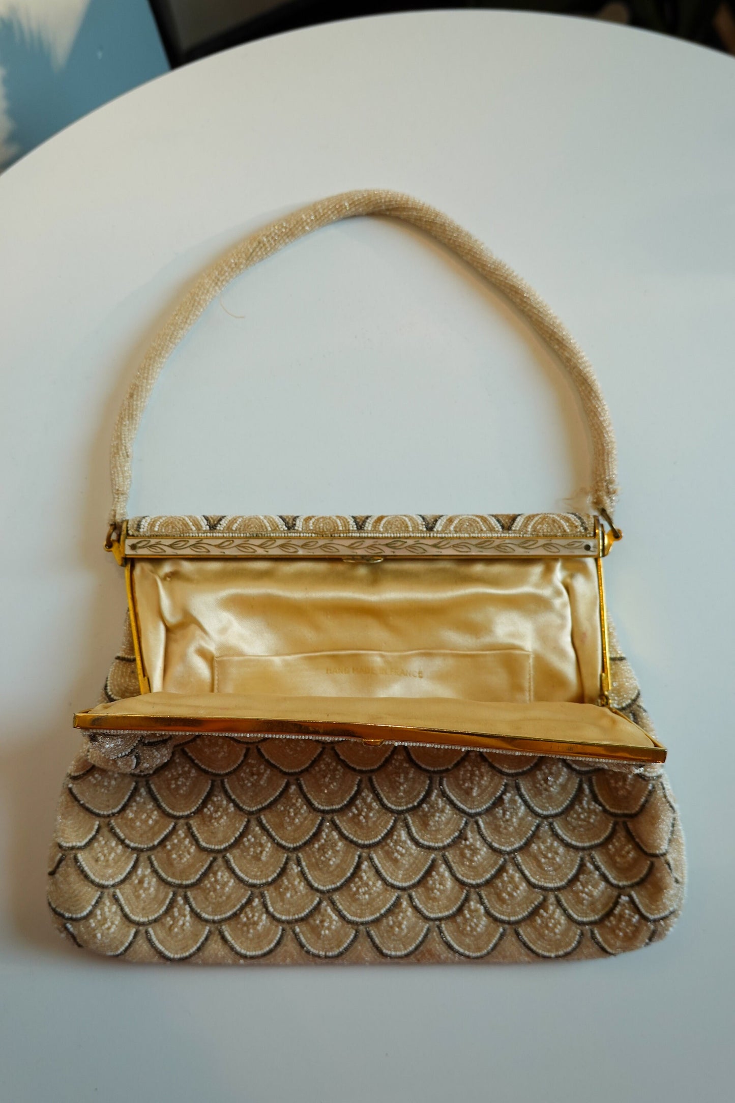 30's Beaded, Scalloped Vintage Evening Bag - Handmade in France - Gold, Silver Handmade Formal Bag