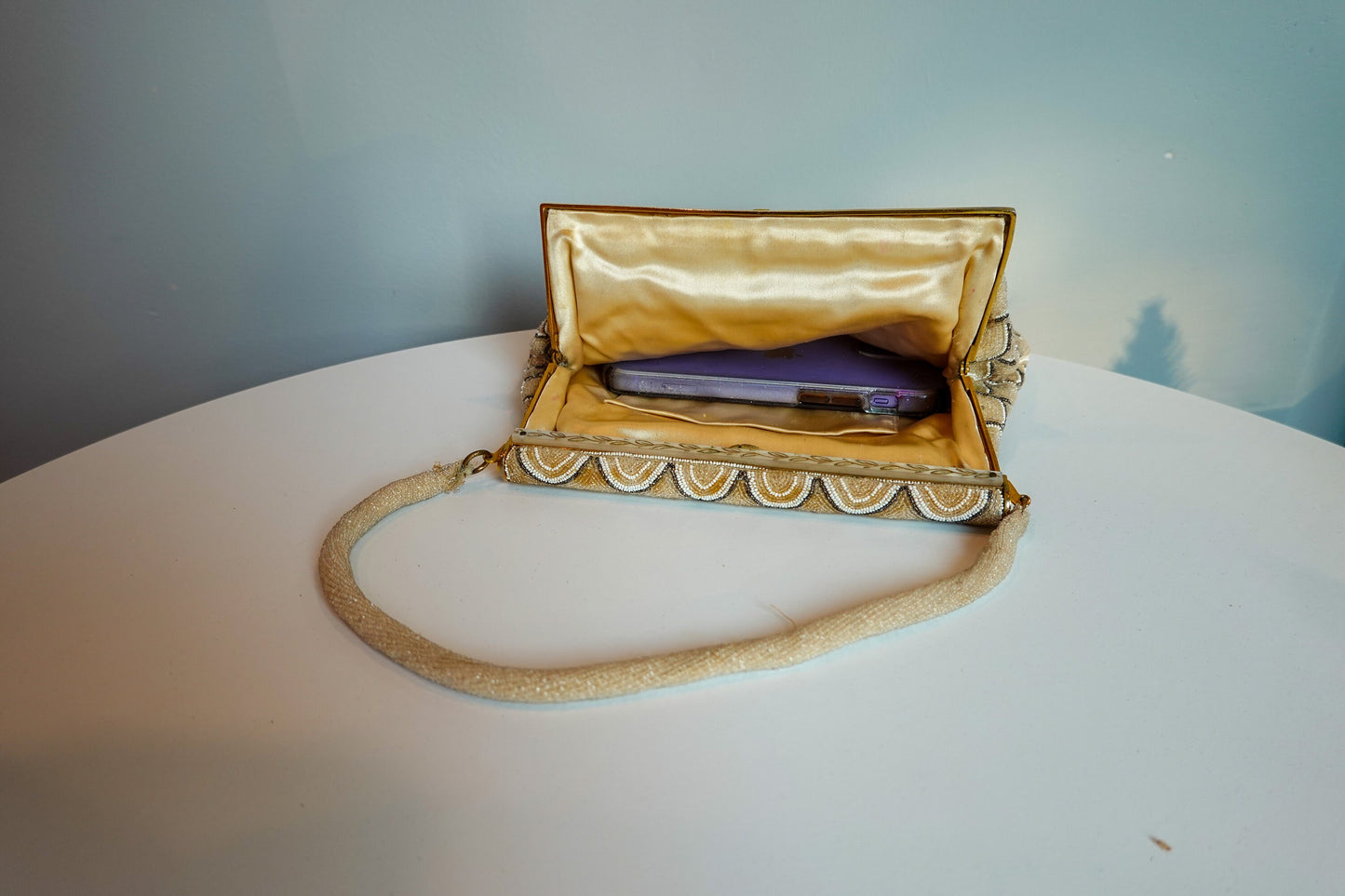 30's Beaded, Scalloped Vintage Evening Bag - Handmade in France - Gold, Silver Handmade Formal Bag