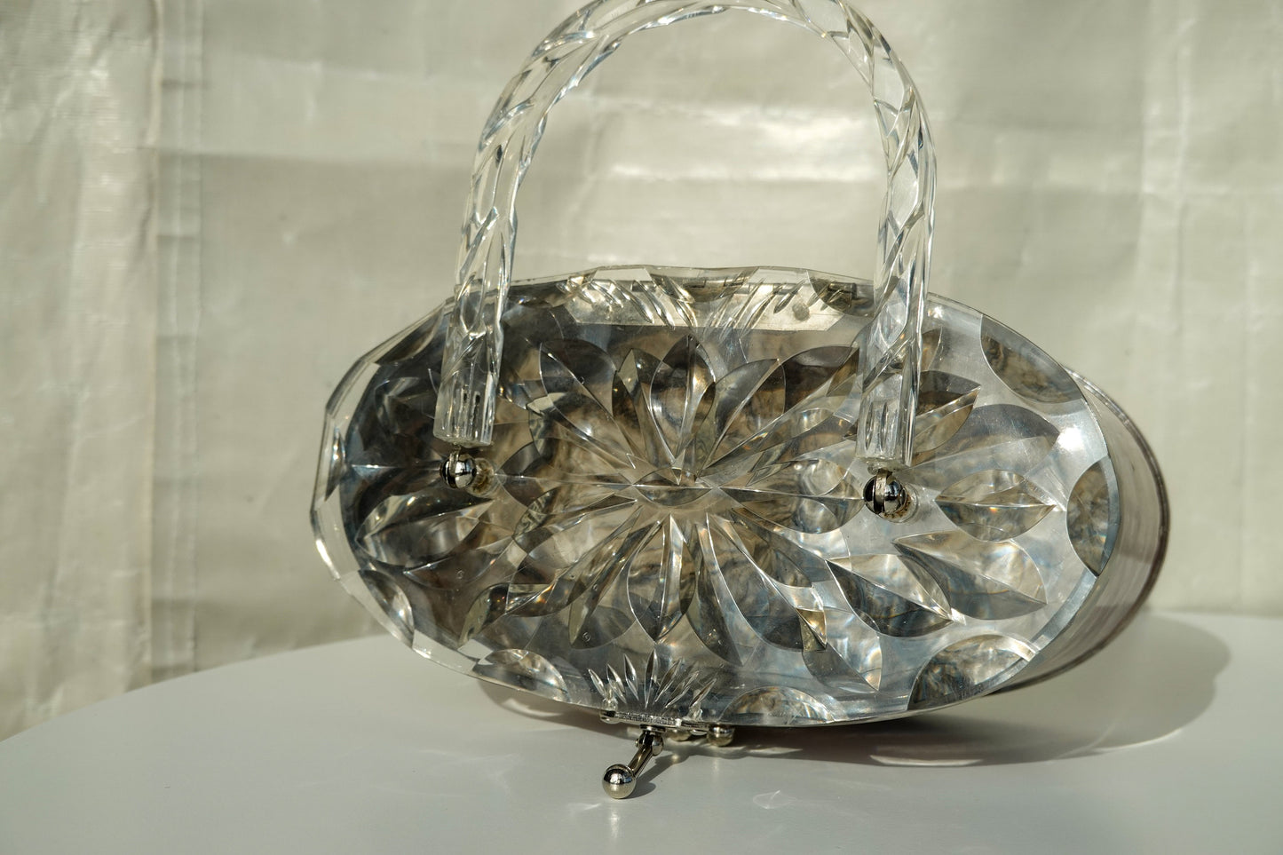 50's Pearlized Lucite Purse - Oval Box Bag with Carved Details - Vintage Taffeta Acrylic Bag by Charles Kahn