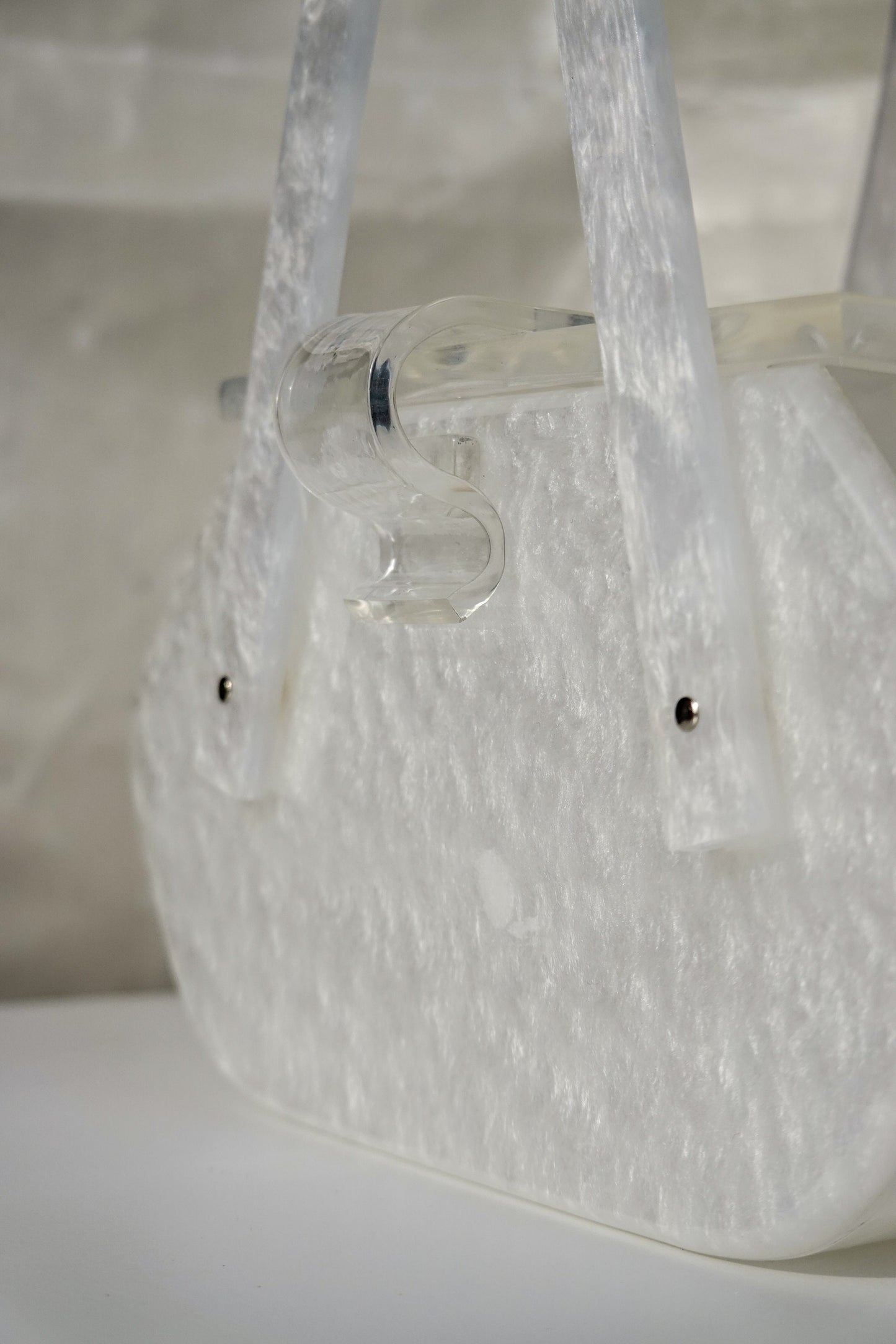 50's Pearly White Lucite Purse - Unique Shape Box Bag - Vintage Acrylic Evening Bag with Carved Top by Siran