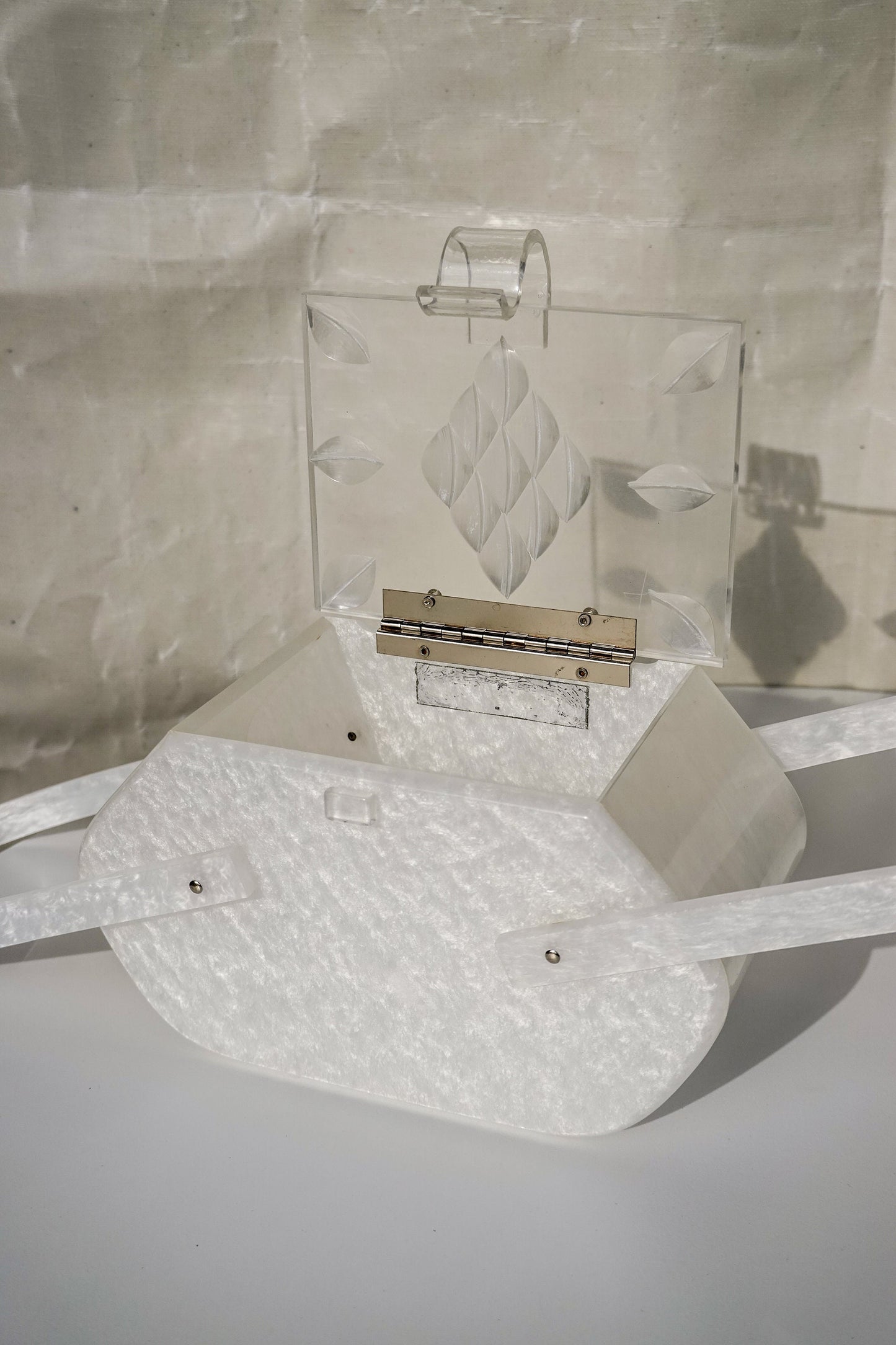 50's Pearly White Lucite Purse - Unique Shape Box Bag - Vintage Acrylic Evening Bag with Carved Top by Siran