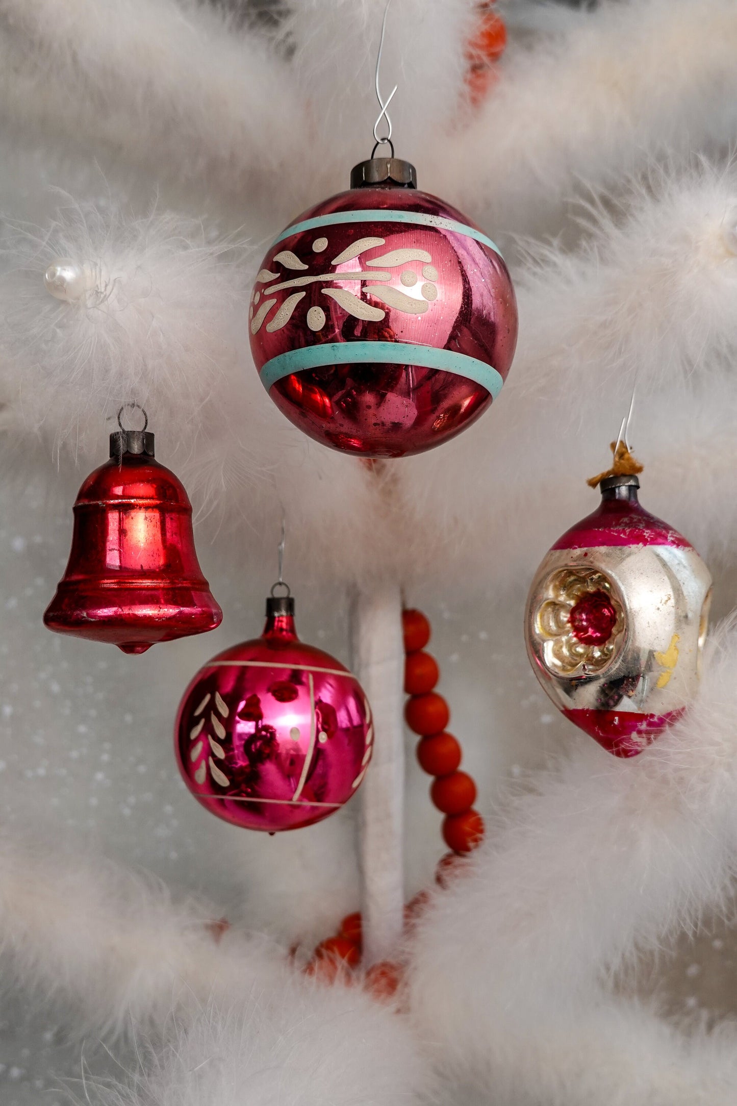 40's Christmas Ornaments - Set of 12 Assorted Pink Vintage Shiny Brite Xmas Ornaments - Hand Painted Glass, Triple Indent, Bell, Stripe