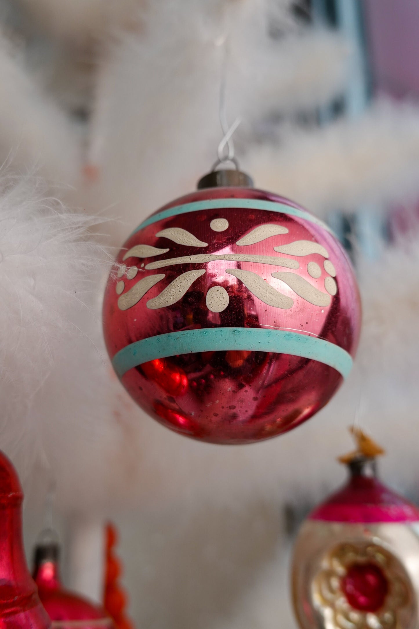 40's Christmas Ornaments - Set of 12 Assorted Pink Vintage Shiny Brite Xmas Ornaments - Hand Painted Glass, Triple Indent, Bell, Stripe