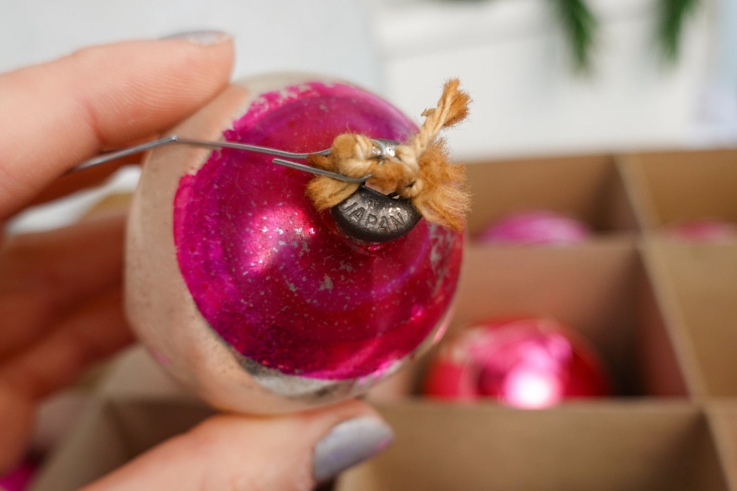 40's Christmas Ornaments - Set of 12 Assorted Pink Vintage Shiny Brite Xmas Ornaments - Hand Painted Glass, Triple Indent, Bell, Stripe