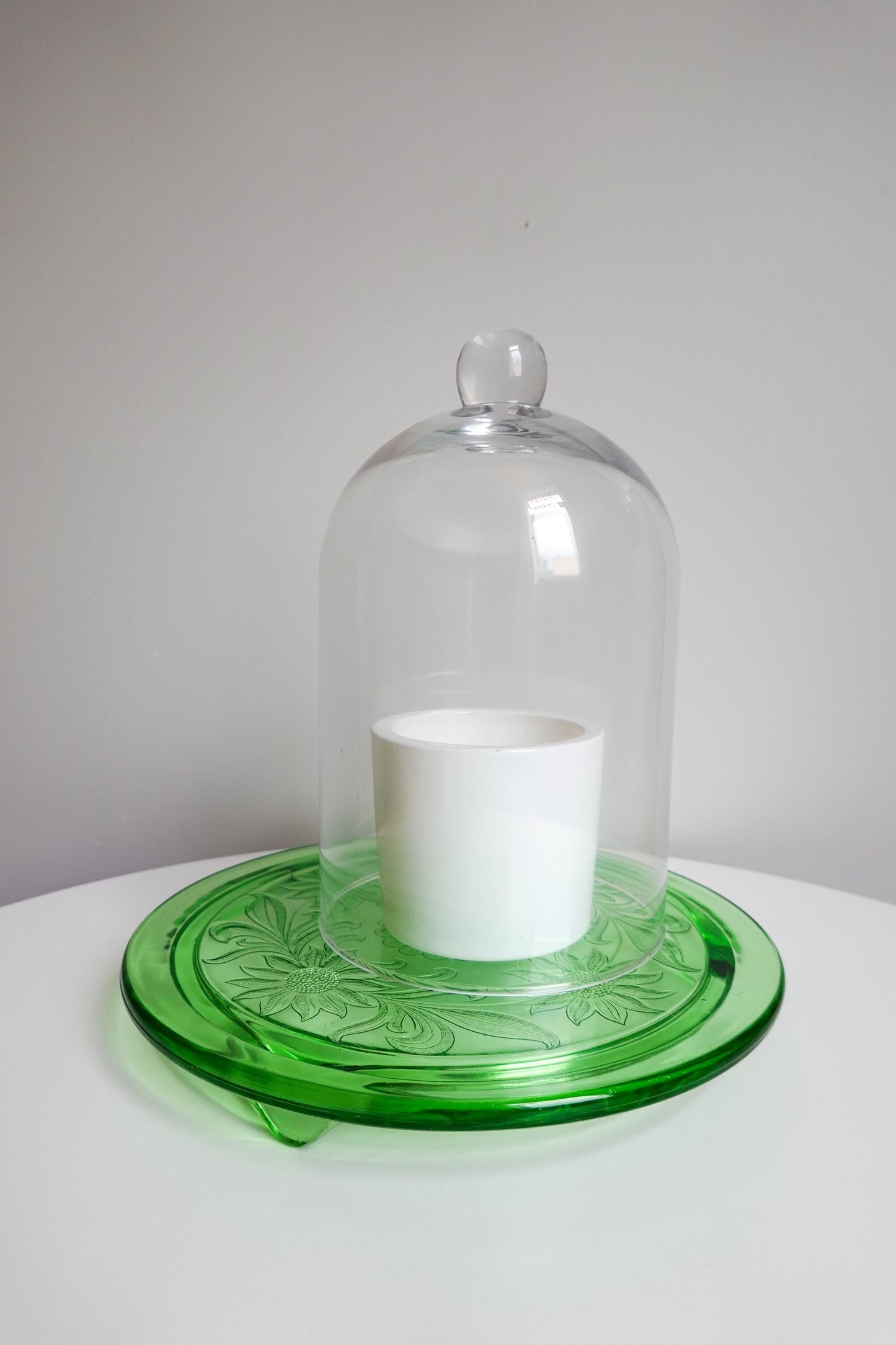 30's Uranium Glass - Vintage Footed Tray or Cake Stand with Flowers - "Jeannette Sunflower" - UV Reactive