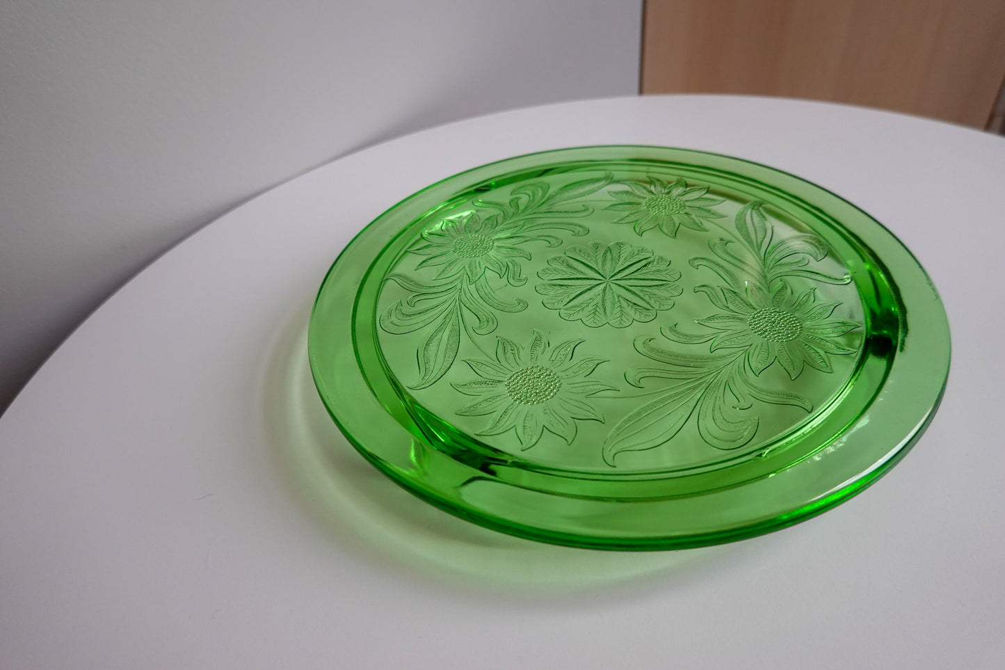 30's Uranium Glass - Vintage Footed Tray or Cake Stand with Flowers - "Jeannette Sunflower" - UV Reactive