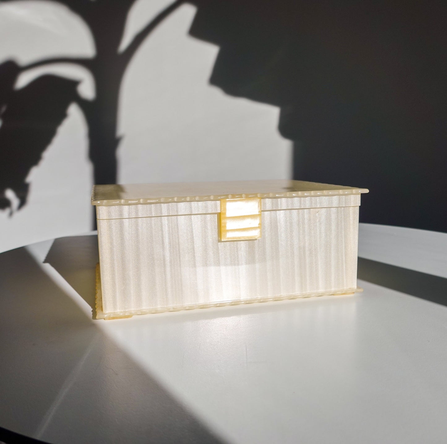 30's Art Deco Pearlized Lucite Vanity Box - Vintage Cream Acrylic Jewelry Box with Scalloped Edges and Lid