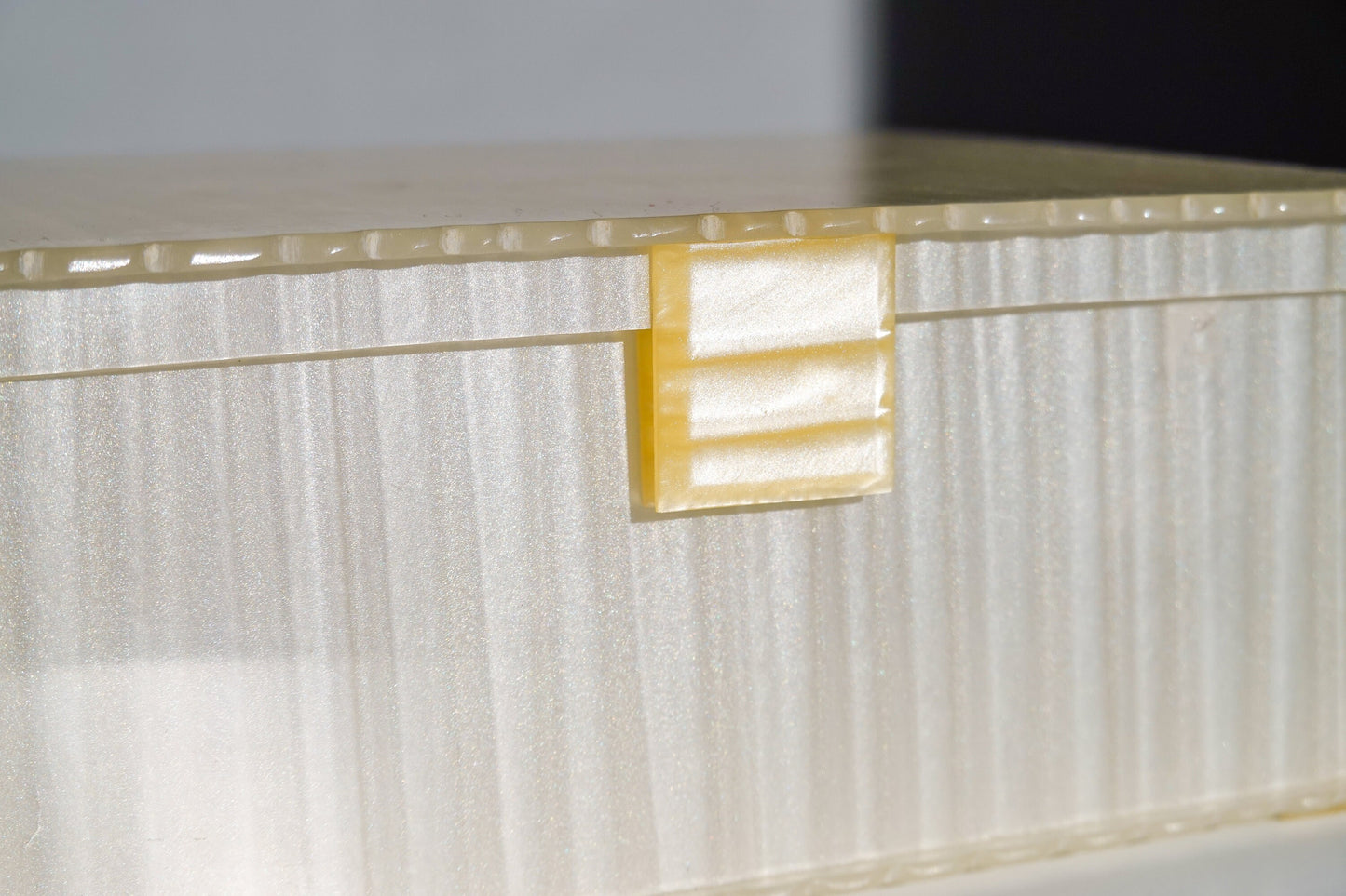 30's Art Deco Pearlized Lucite Vanity Box - Vintage Cream Acrylic Jewelry Box with Scalloped Edges and Lid