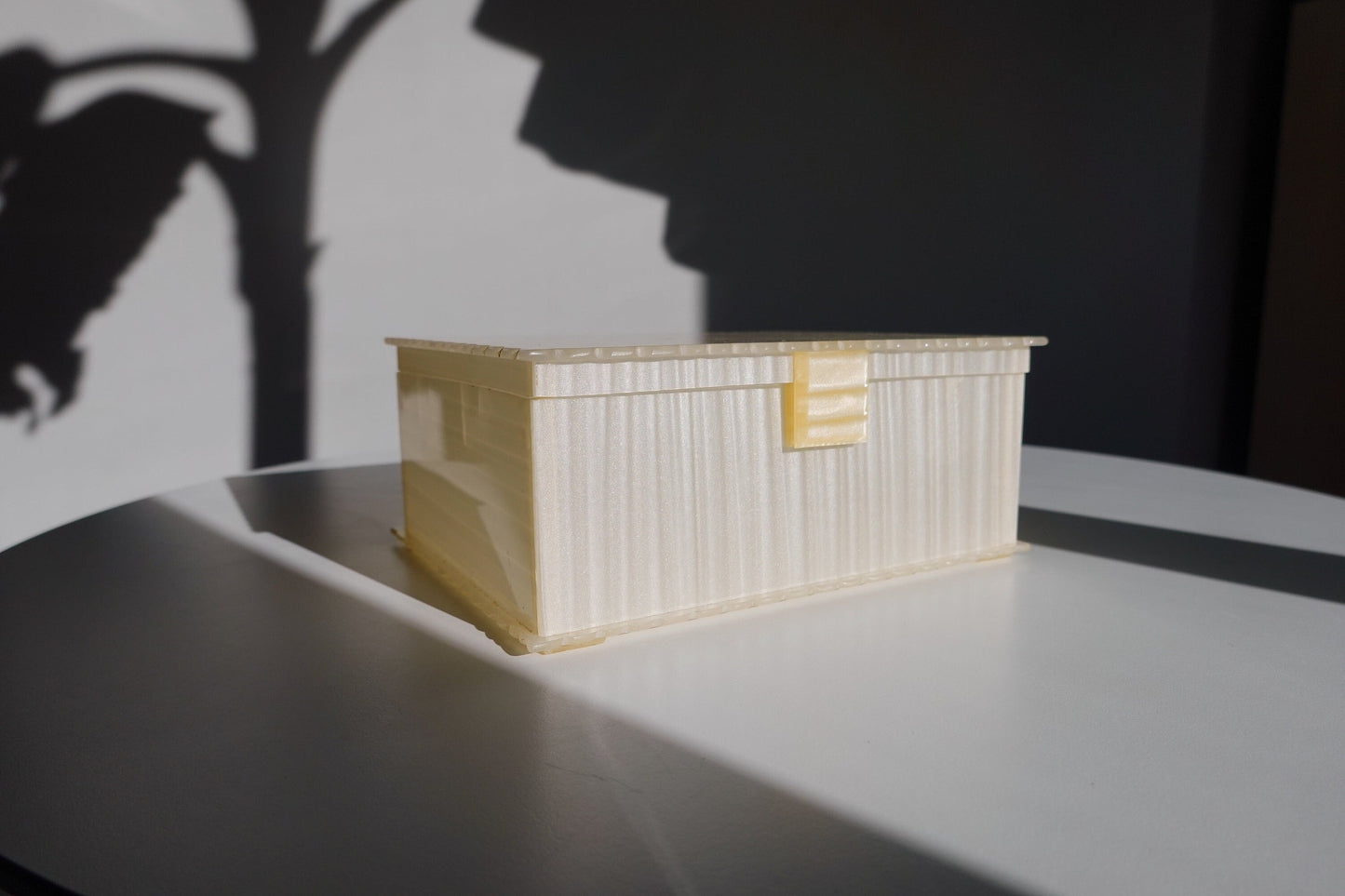 30's Art Deco Pearlized Lucite Vanity Box - Vintage Cream Acrylic Jewelry Box with Scalloped Edges and Lid