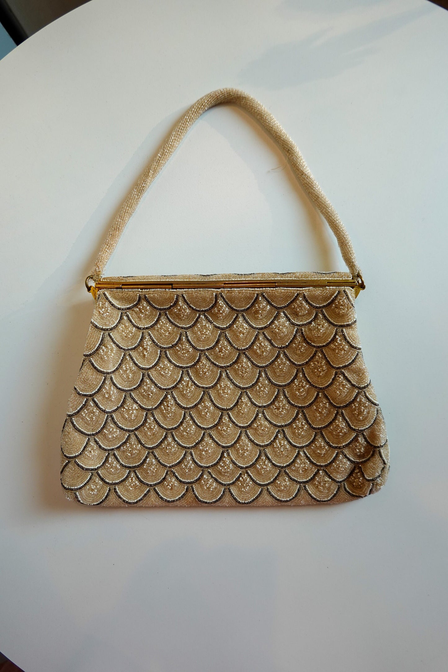 30's Beaded, Scalloped Vintage Evening Bag - Handmade in France - Gold, Silver Handmade Formal Bag