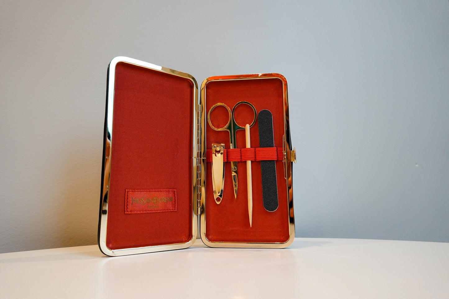 80's YSL Vanity Kit - Vintage Yves Saint Laurent - Black Patent Pleather - NOS YSL Nail Care Kit