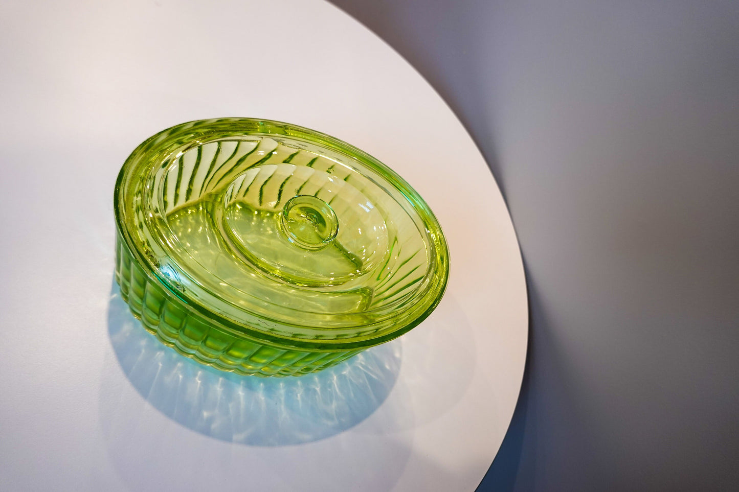 50's Anchor Hocking Ribbed Box with Lid - UV Reactive Vaseline Glass - Vintage Uranium Glass Lidded Box