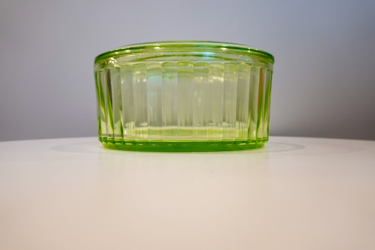 50's Anchor Hocking Ribbed Box with Lid - UV Reactive Vaseline Glass - Vintage Uranium Glass Lidded Box