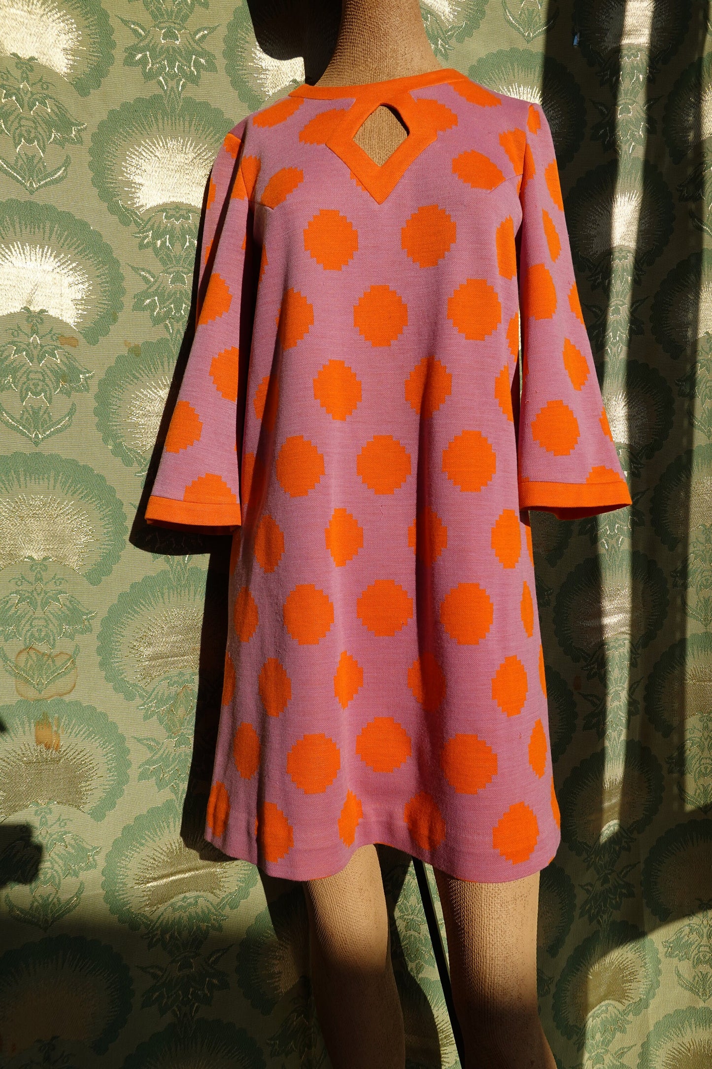 60's Purple & Orange Shift with Peak-a-boo Front - Vintage Knit Bright Geometric Short Dress - Domani Knits - Small/Medium