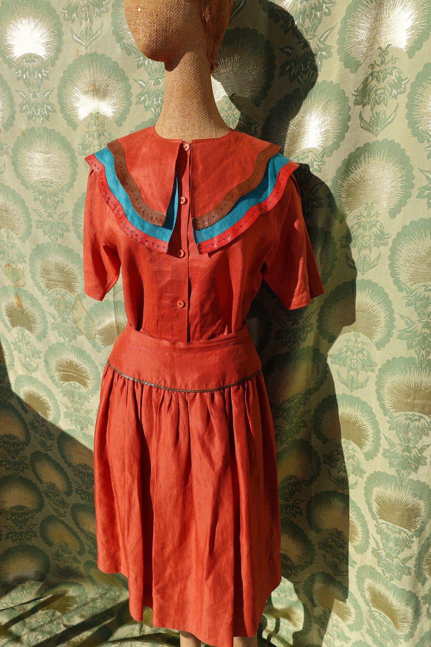 70's Linen & Leather Skirt Set - Vintage Bold Statement Collar Leather Trimmed - Two Piece Set - Giulliana - Small/Medium